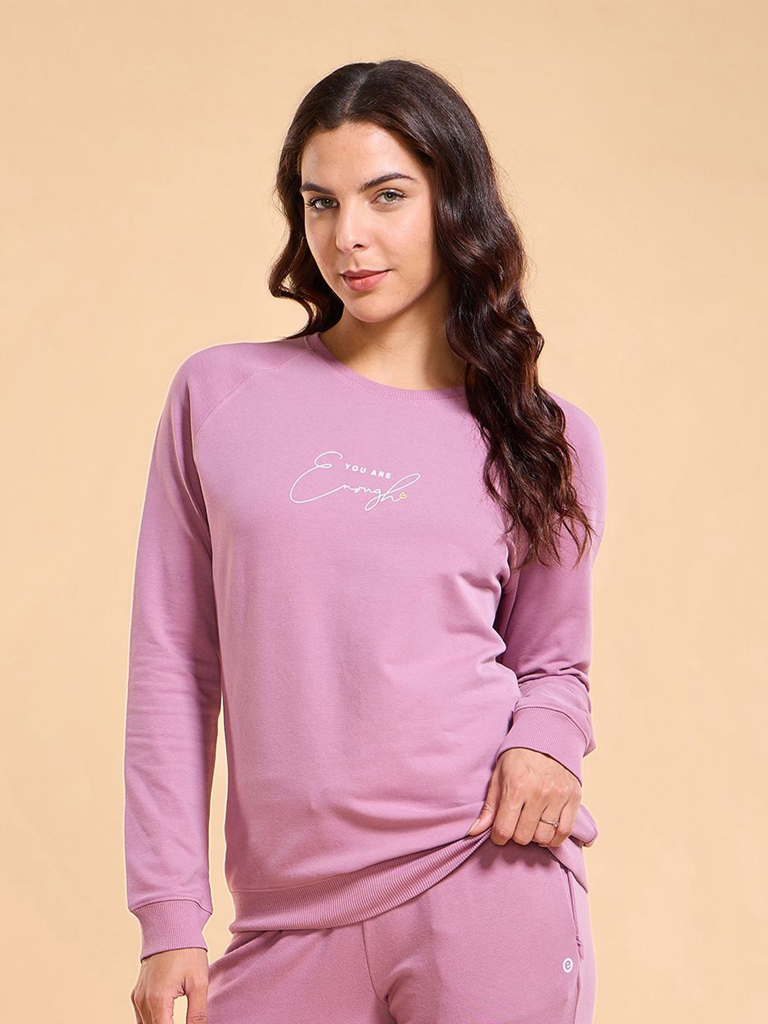

Enamor E079 Basic Pop Over Mindful Graphic Basic Sweatshirt, Pink
