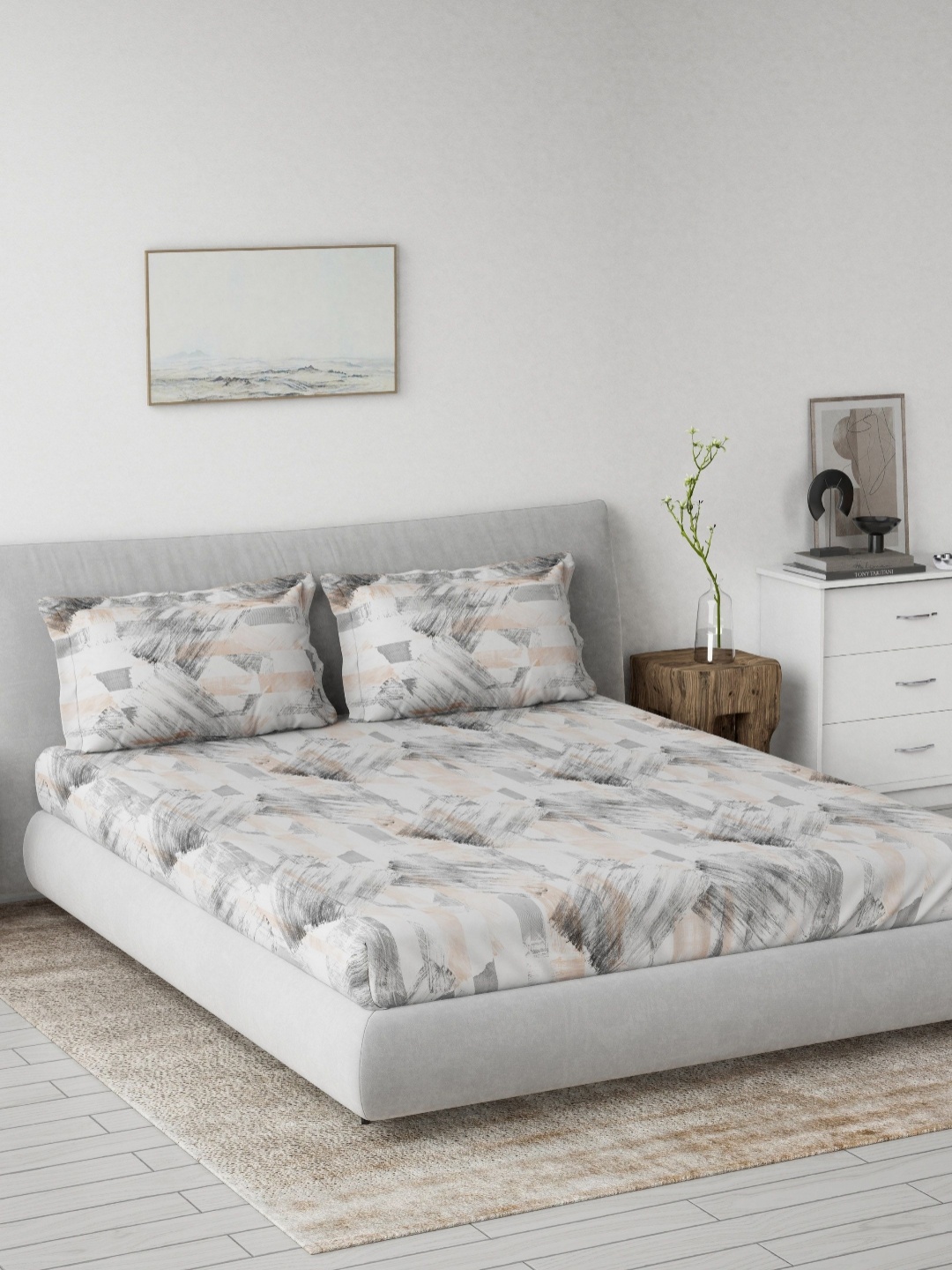 

DDecor Grey & White Abstract 144 TC Pure Cotton Queen Bedsheet with 2 Pillow Covers