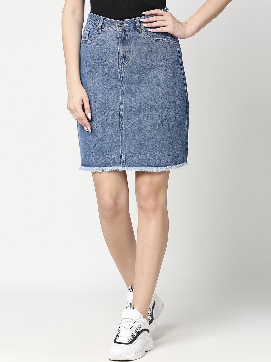 

High Star Above Knee Length Straight Denim Skirt, Blue