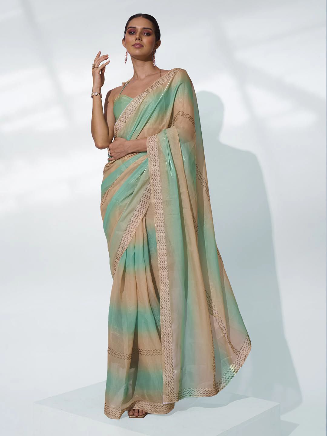 

Kalista Striped Beads and Stones Organza Saree, Beige