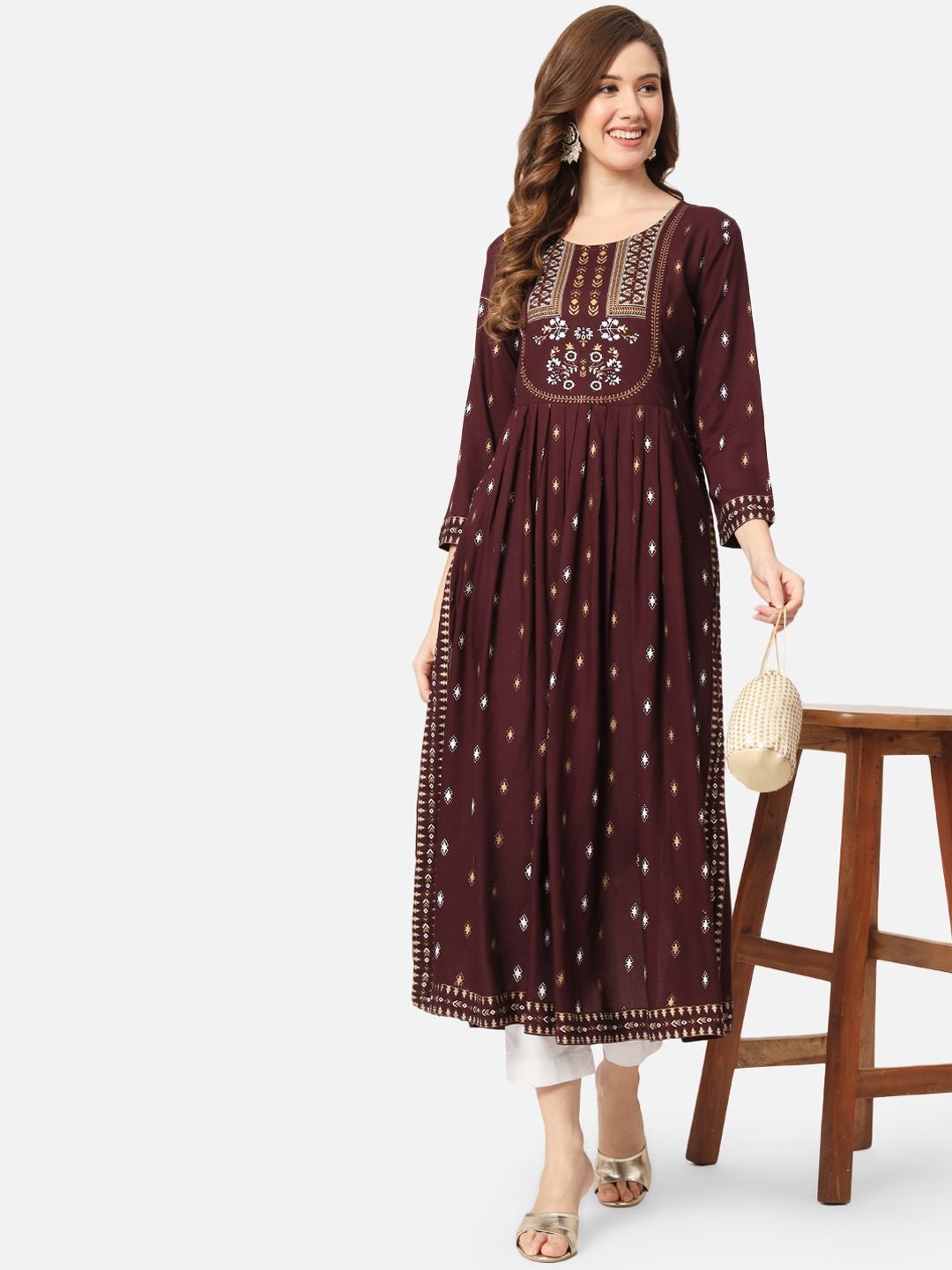 

ASHRU Women Ethnic Motifs Striped Thread Work Floral Kurta, Coffee brown