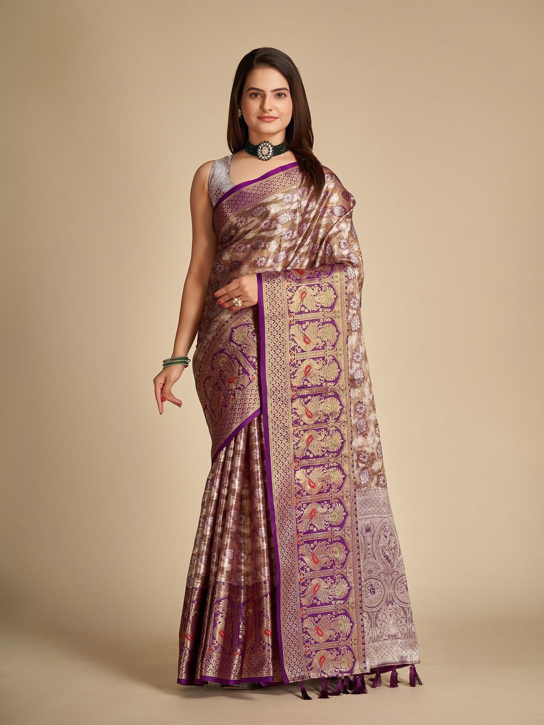 

SHOBHA SAREES Ethnic Motifs Zari Pure Silk Banarasi Saree, Brown
