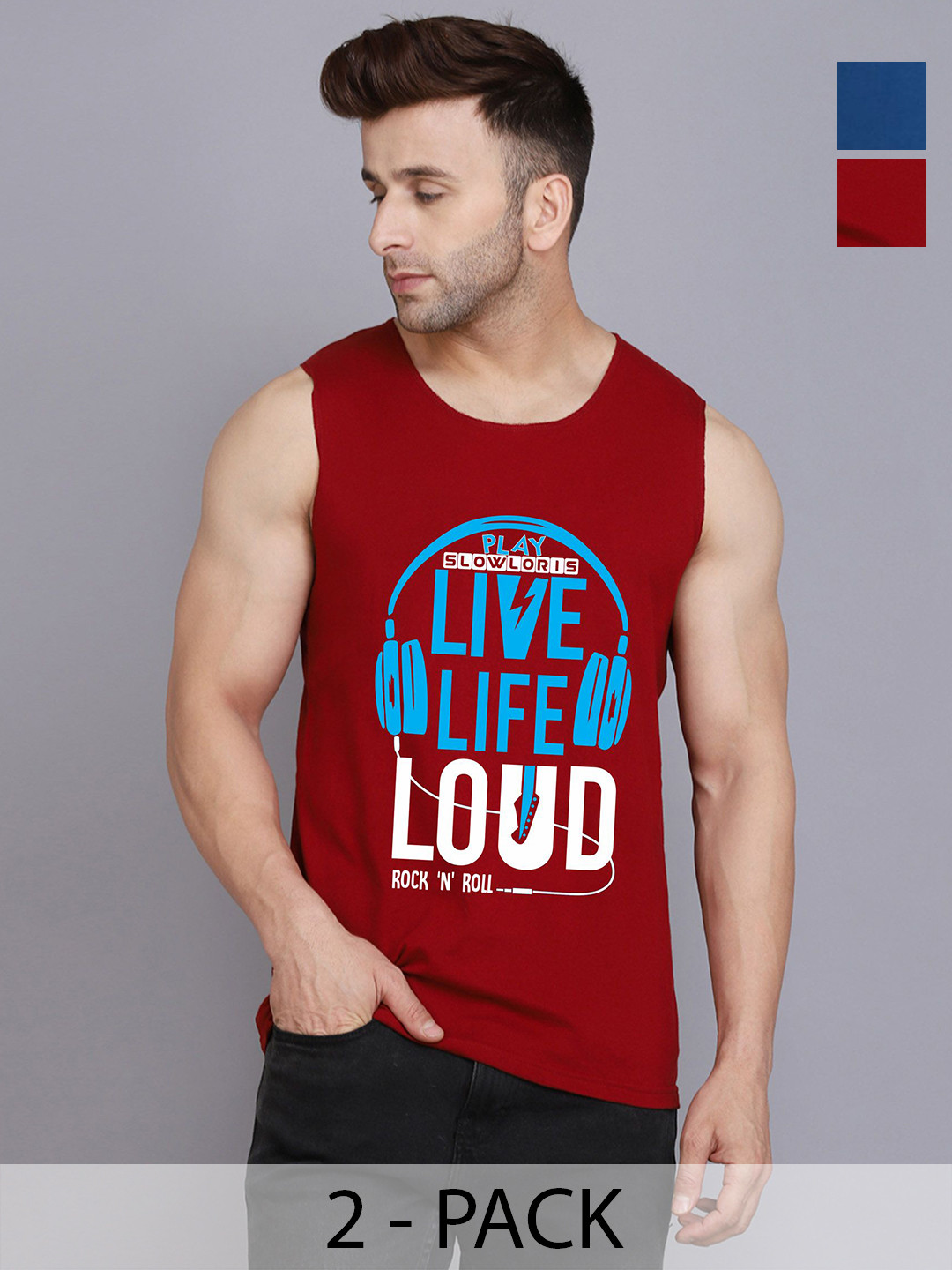 

SLOWLORIS Men Pack Of 2 Typography Printed Round Neck Cotton Slim Fit T-Shirts, Maroon