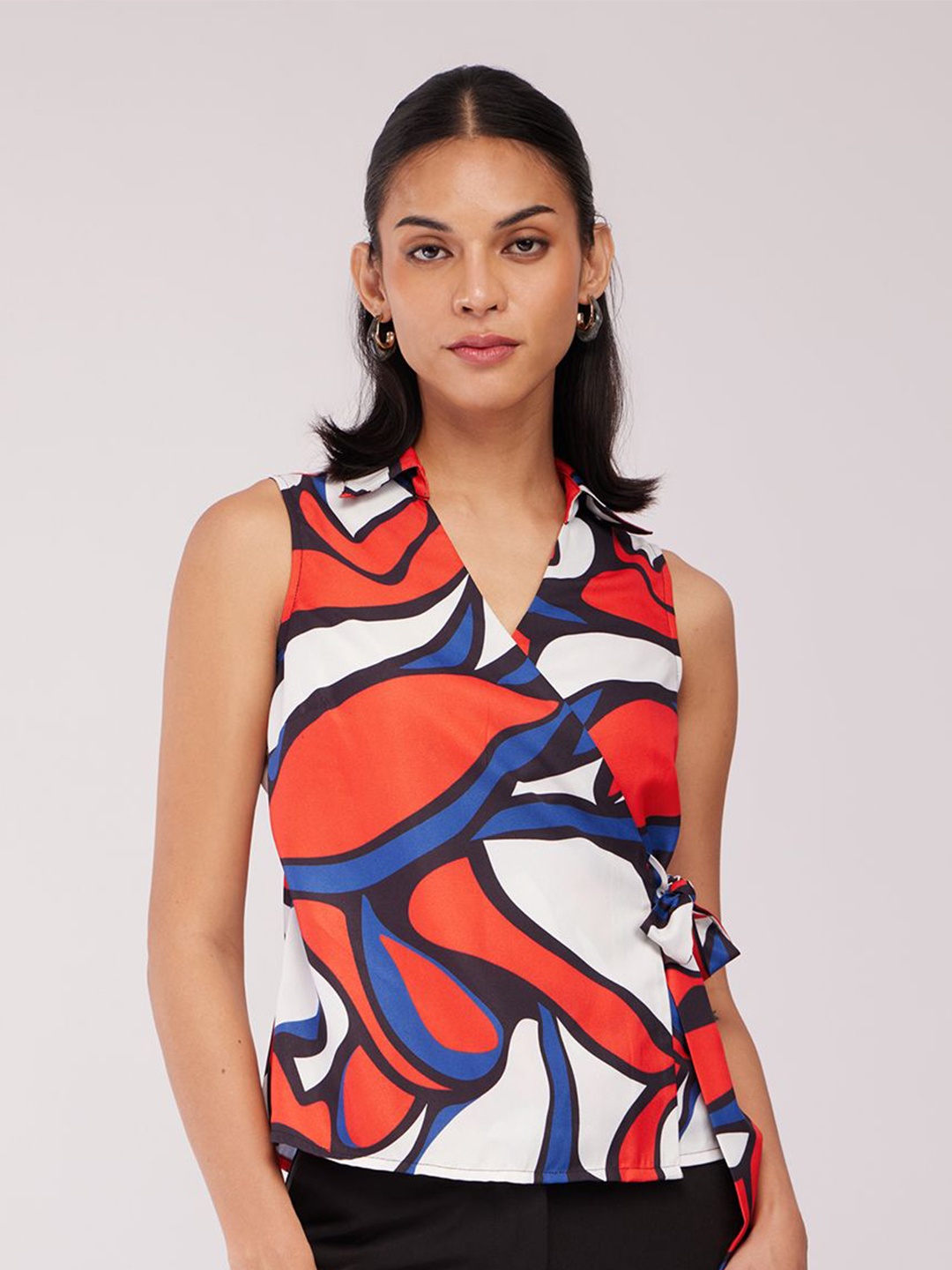 

FableStreet Women Abstract Printed Shirt Collar Top, Orange