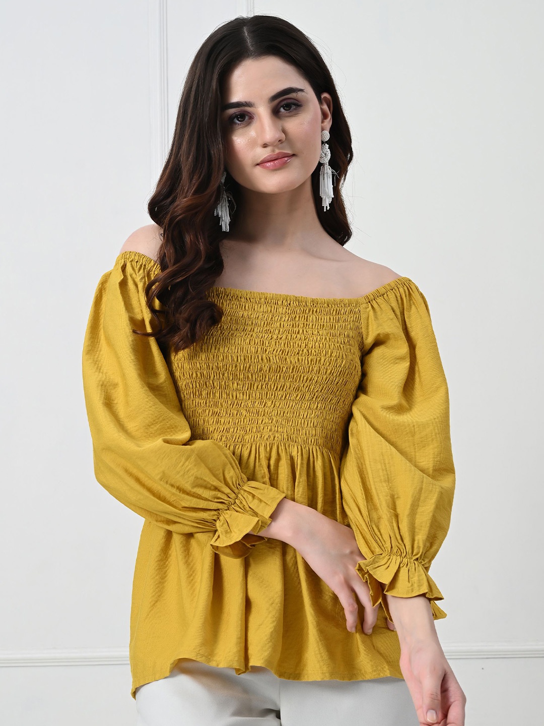 

PANDORNA Women Solid Smocked Off-Shoulder Top, Mustard