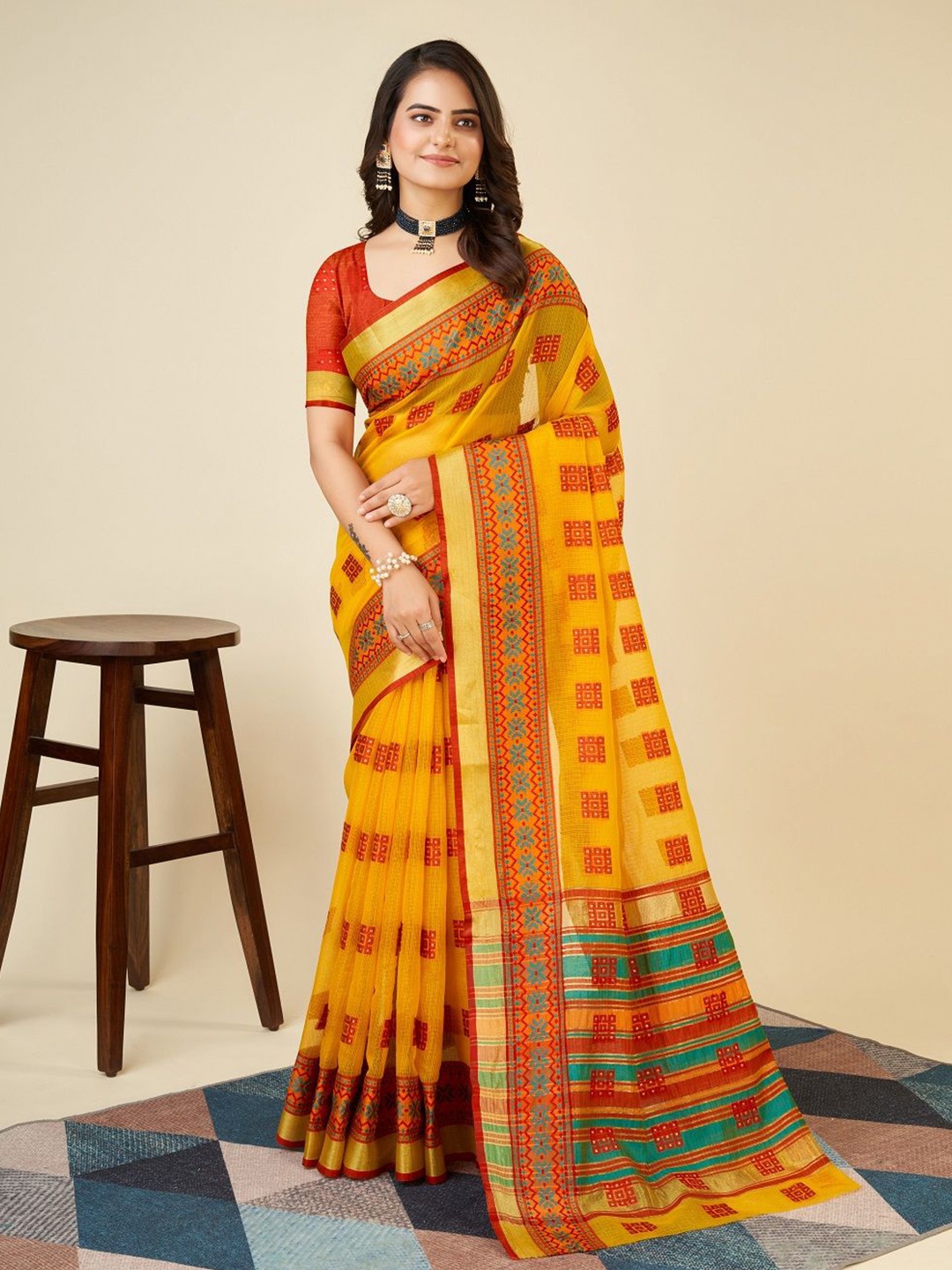 

LEOSAGI Woven Design Zari Silk Cotton Kota Saree, Mustard