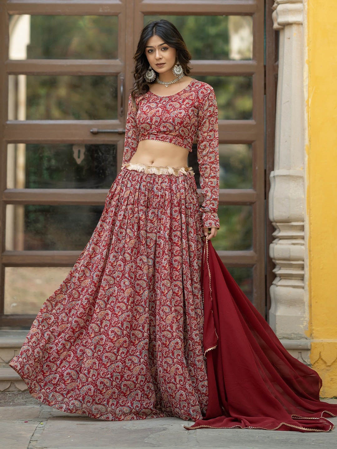 

KALINI Khari Printed Semi-Stitched Lehenga & Unstitched Blouse With Dupatta, Maroon