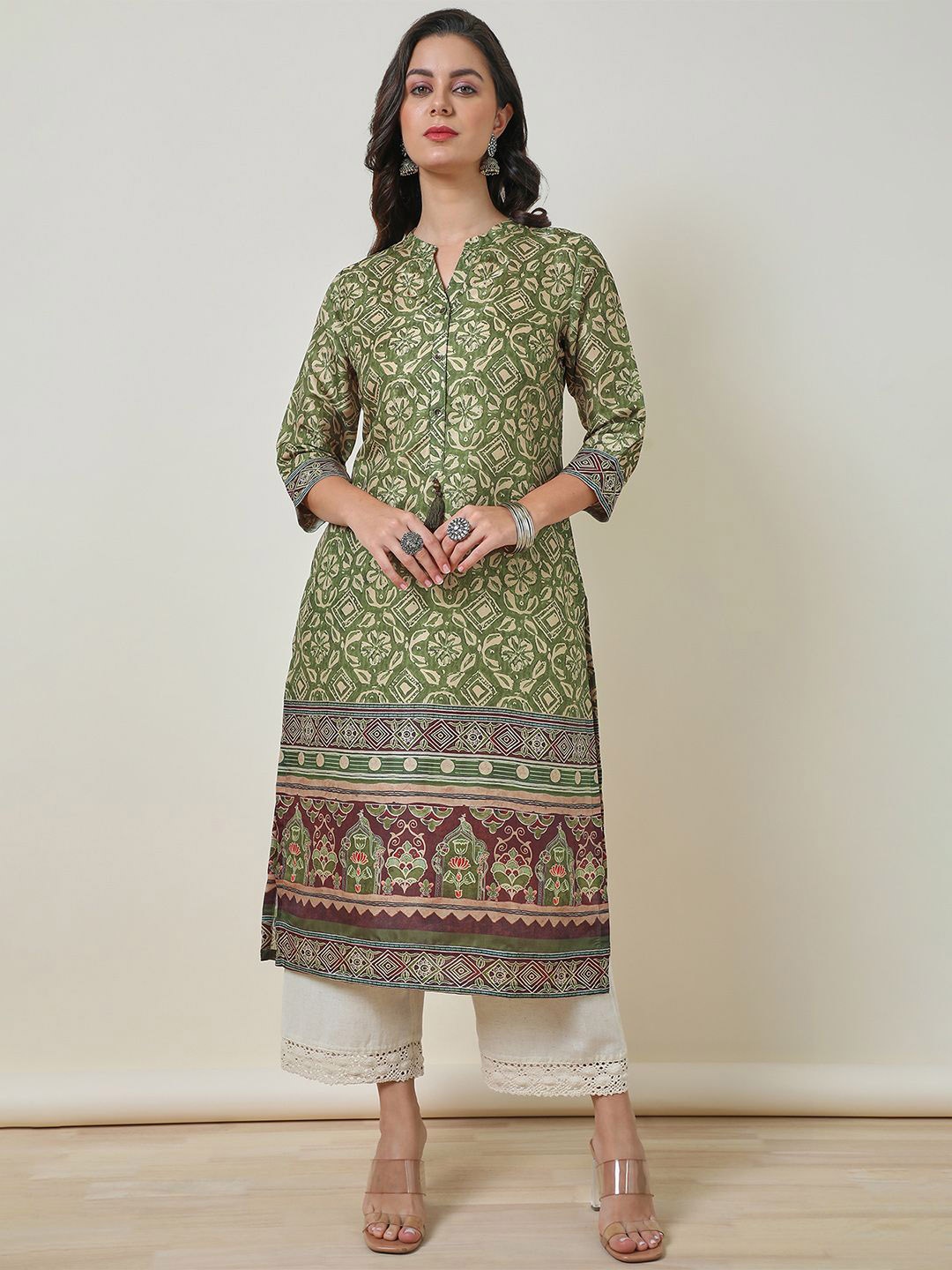 

Soch Green Floral Printed Band Collar Straight Kurta