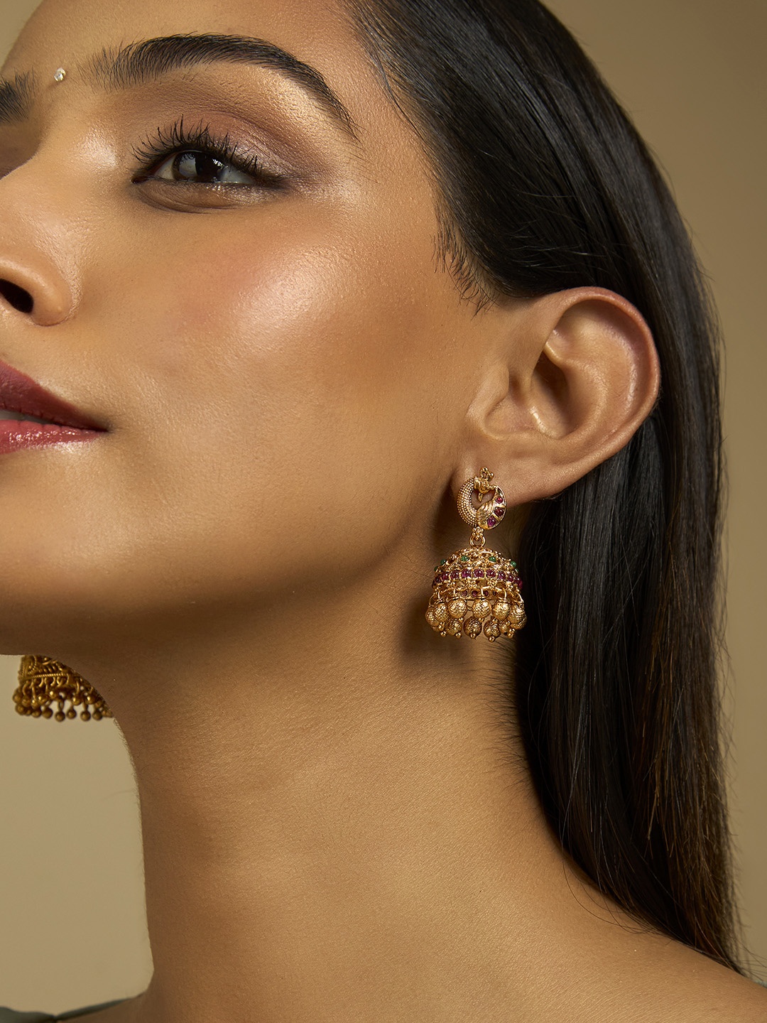 

Kushal's Fashion Jewellery Gold Plated Stone Studded Dome Shaped Jhumkas