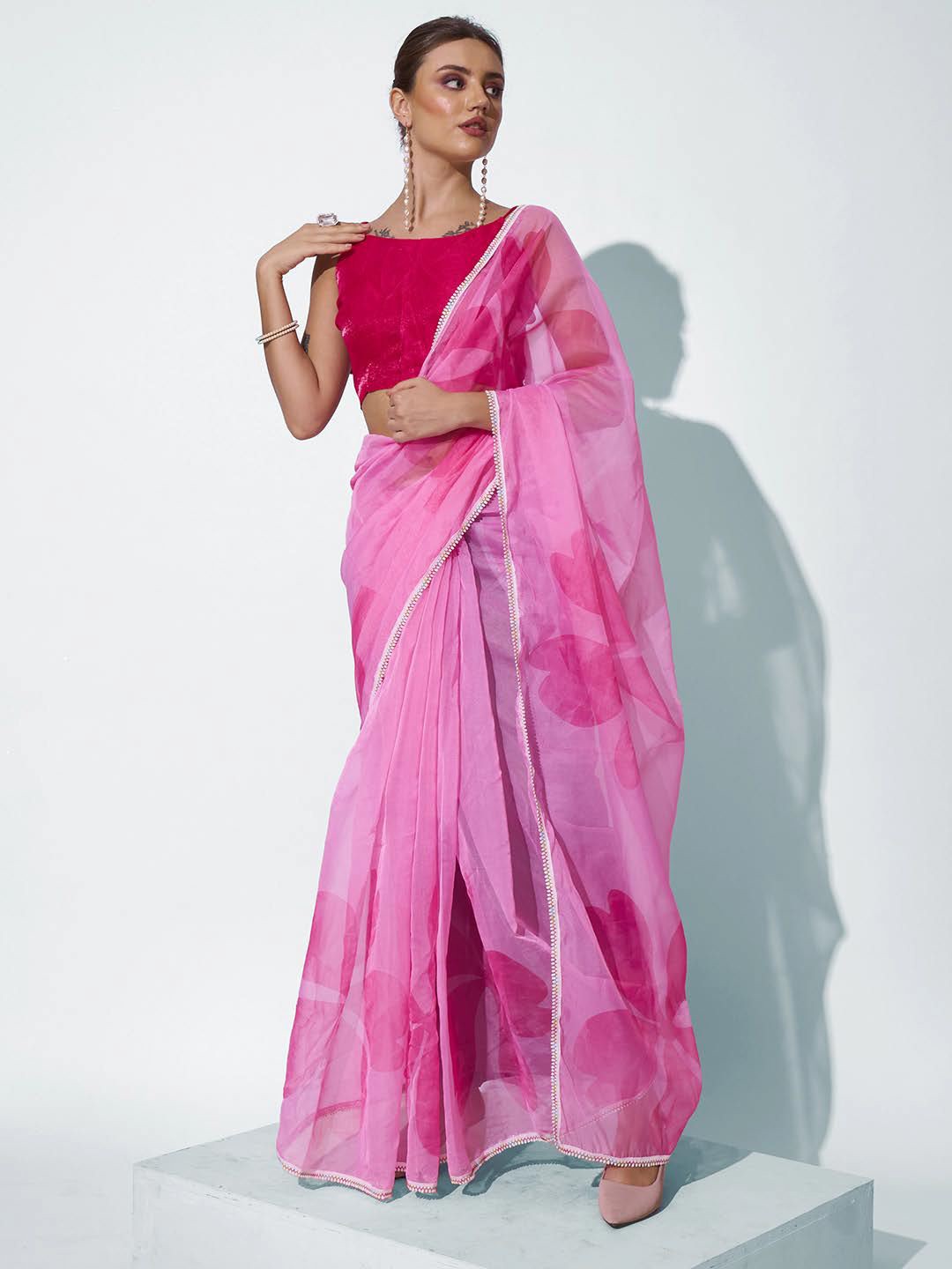 

Kalista Floral Organza Saree, Pink