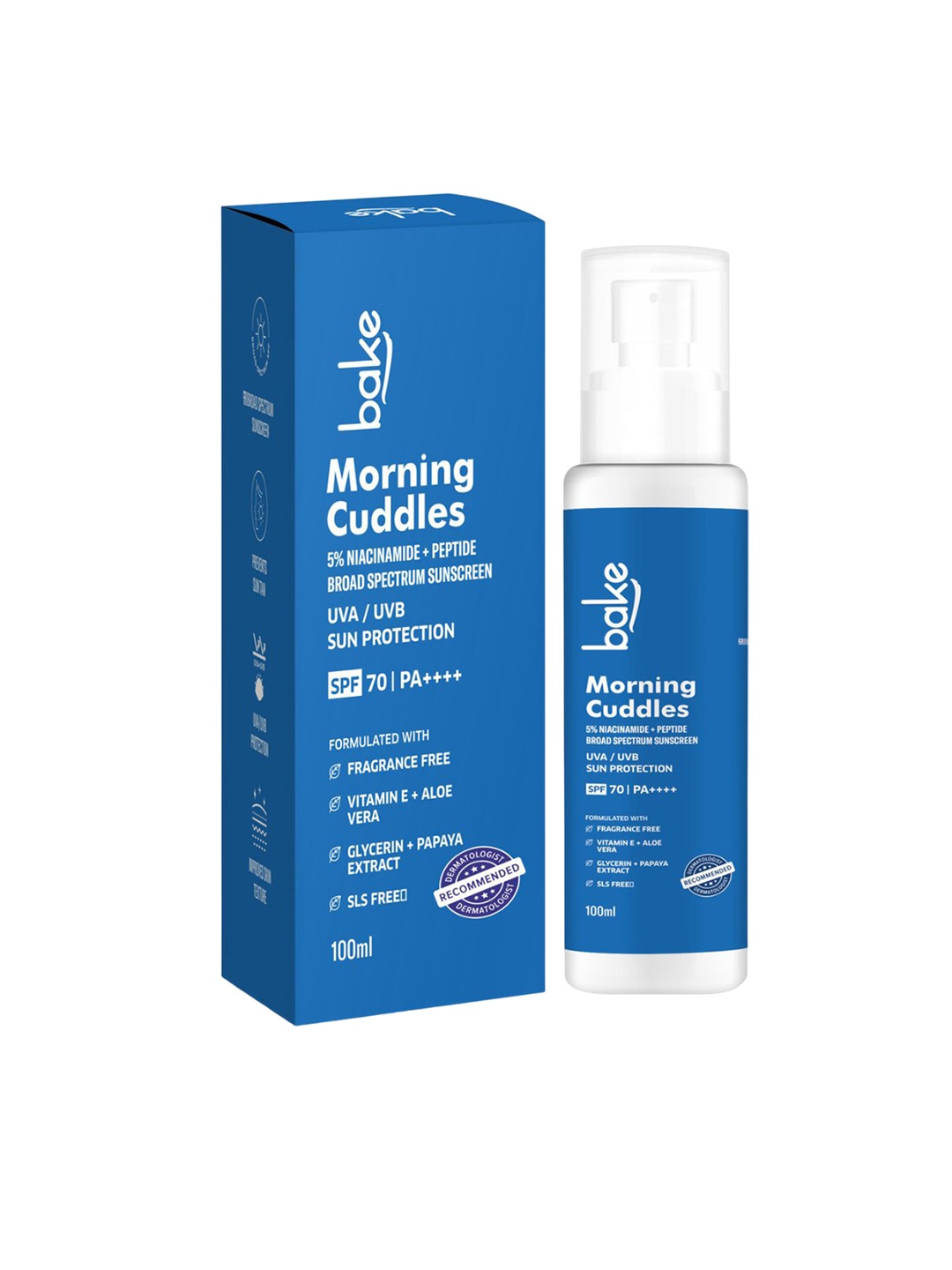 

BAKE Morning Cuddles 5% Niacinamide Sunscreen SPF 70 PA with Peptide - 100ml, Blue