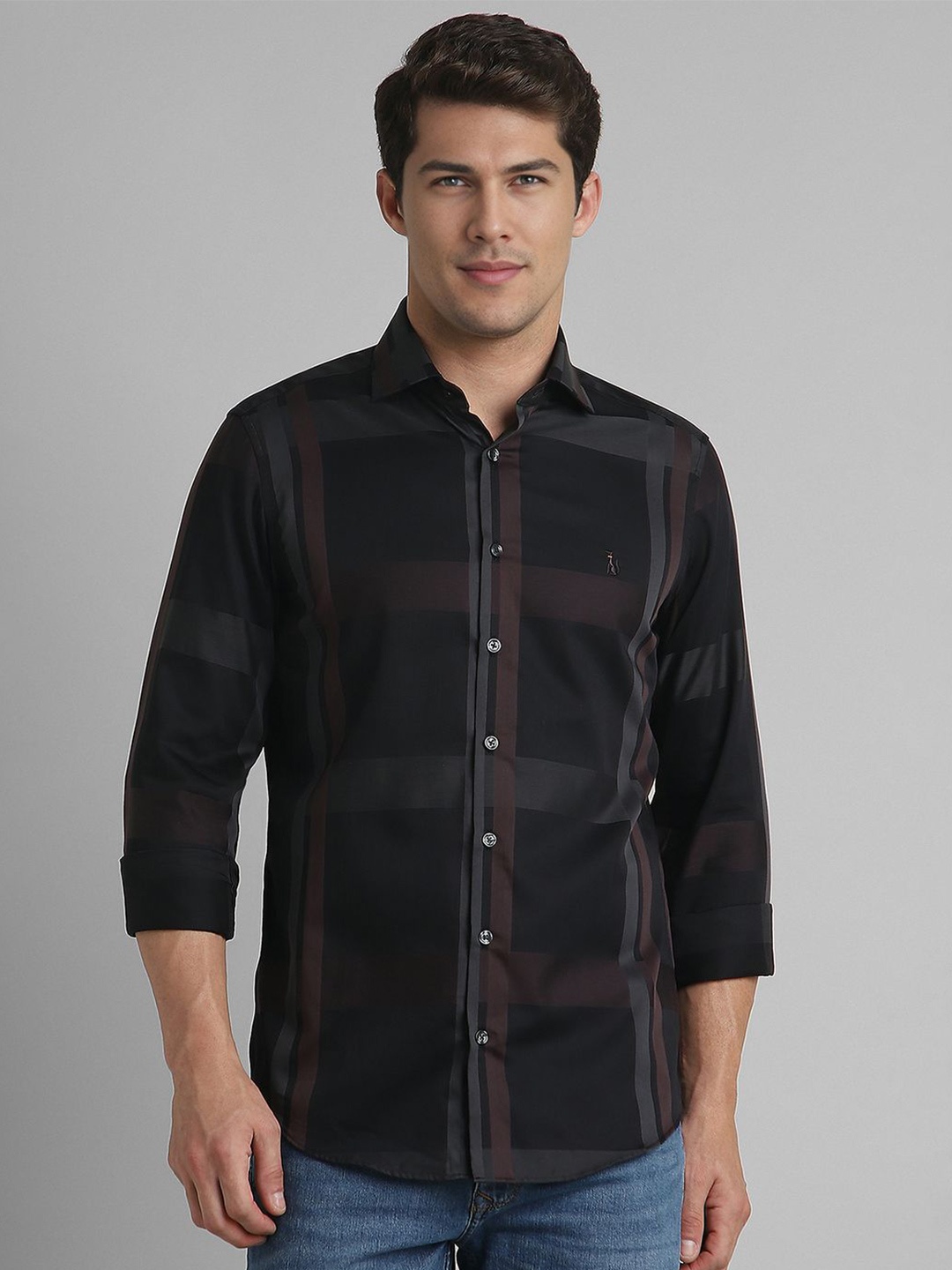 

SIMON CARTER LONDON Men Spread Collar Striped Cotton Slim Fit Casual Shirt, Black