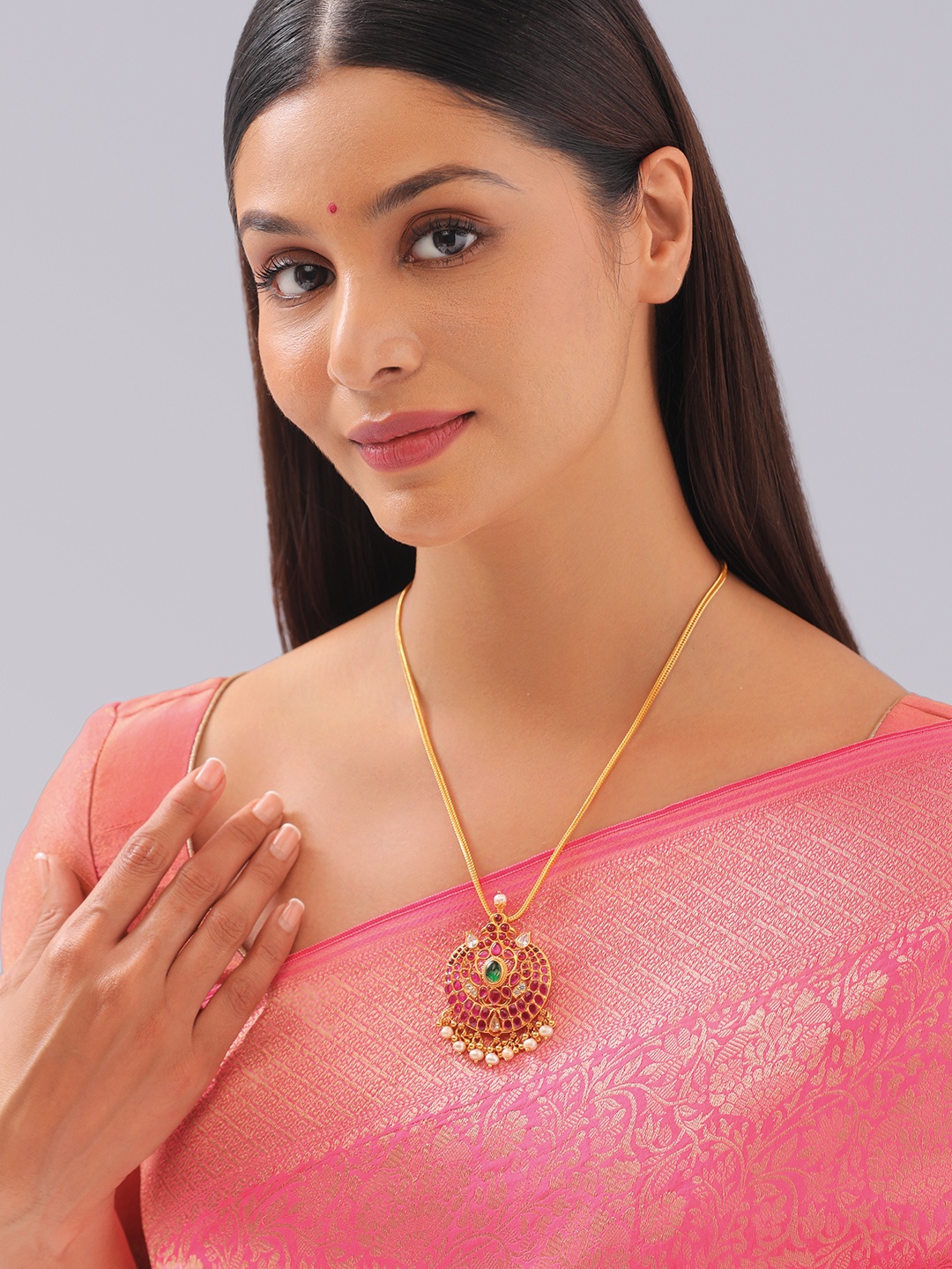 

Kushal's Fashion Jewellery Gold-Plated 92.5 Pure Silver Stone-studded Temple Pendant