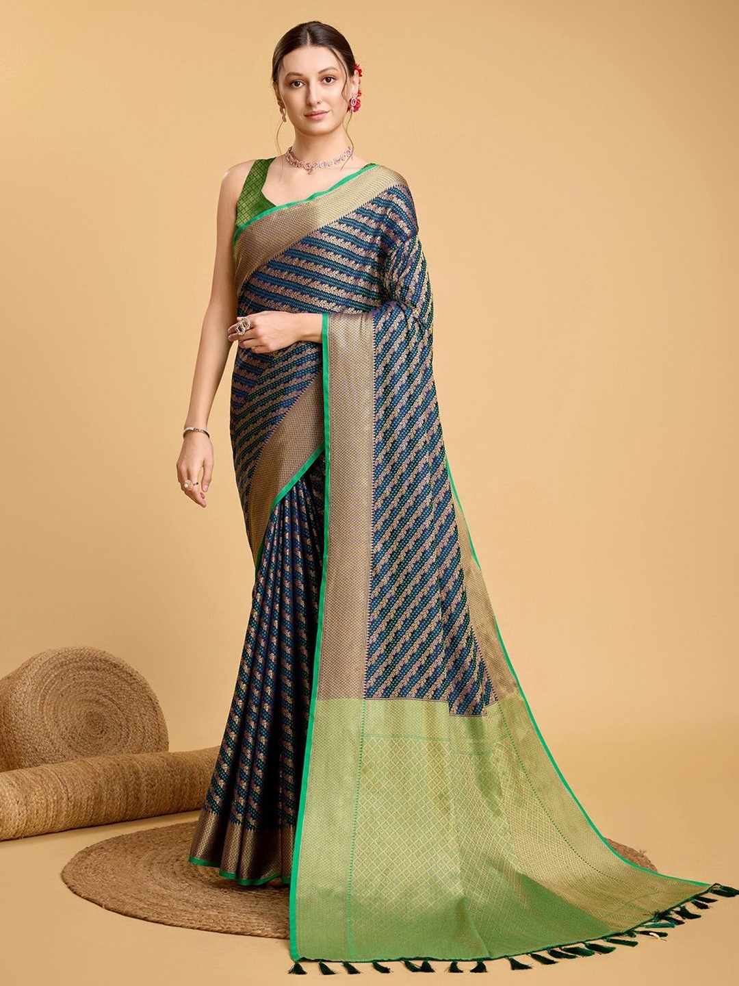 

SHOBHA SAREES Ethnic Motifs Zari Pure Silk Leheriya Saree, Navy blue