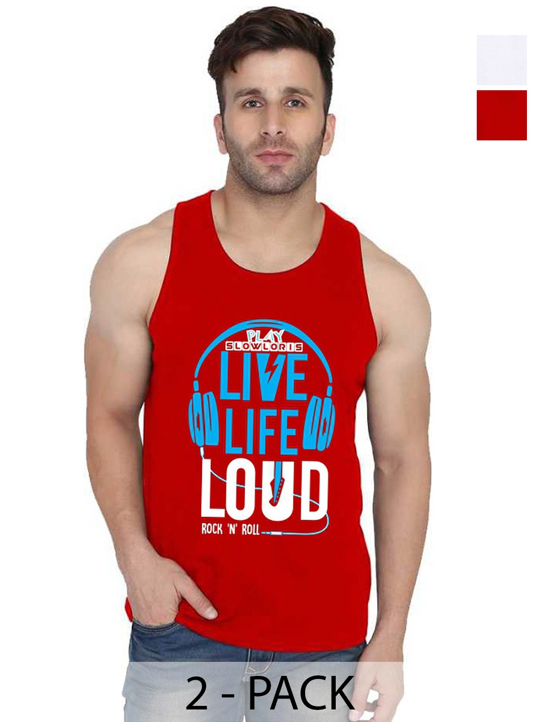 

SLOWLORIS Men Pack Of 2 Typography Printed Round Neck Cotton Slim Fit T-Shirts, Red