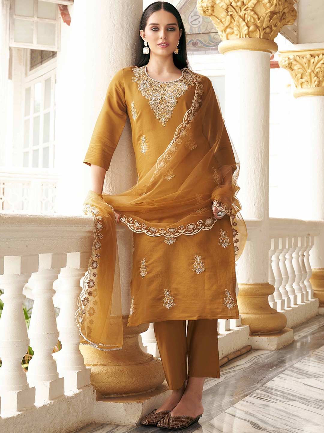 

Tikhi Imli Ethnic Motifs Embroidered Sequinned Kurta With Trousers & Dupatta, Mustard