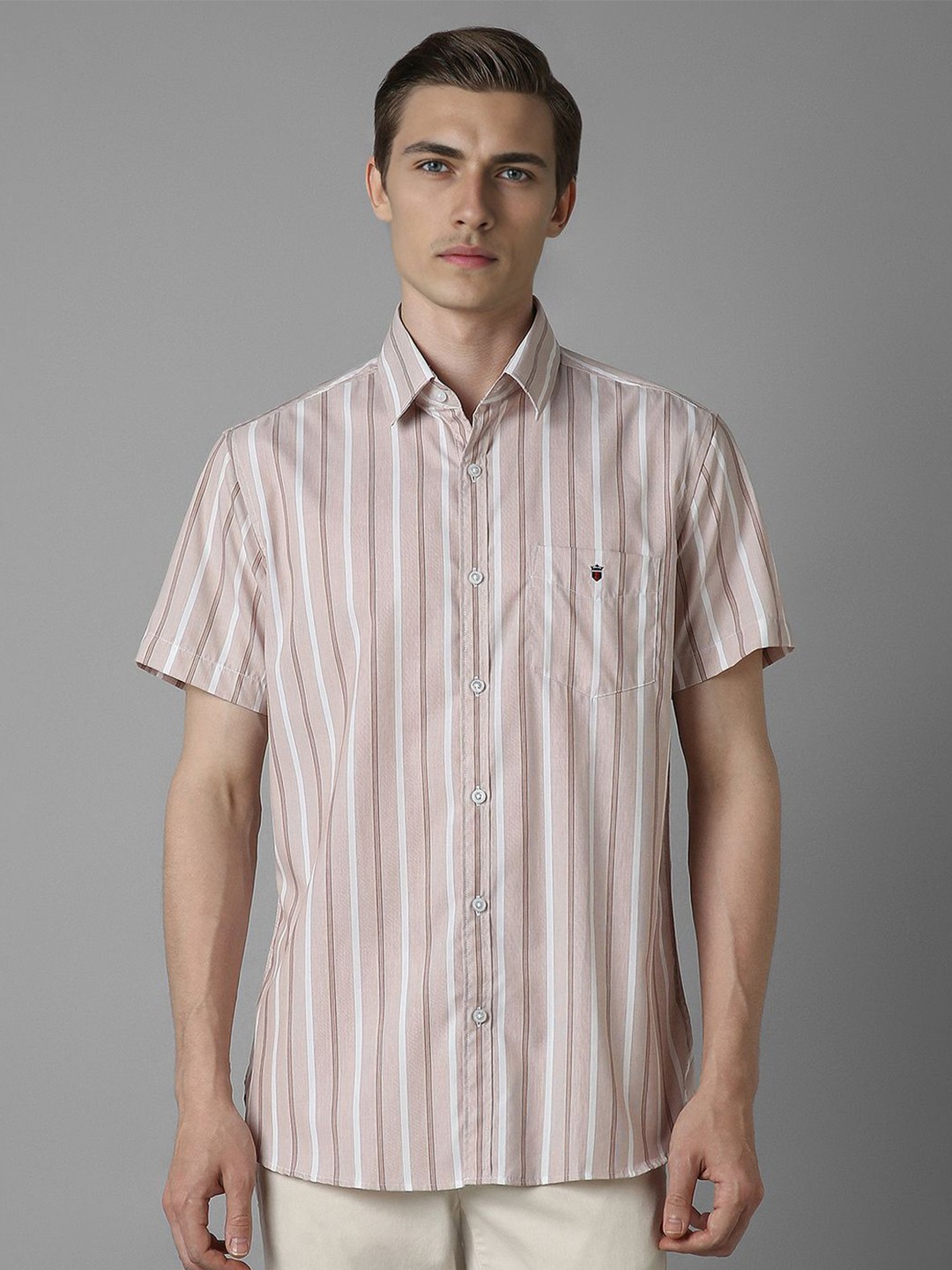 

Louis Philippe Sport Men Spread Collar Striped Cotton Slim Fit Casual Shirt, Beige