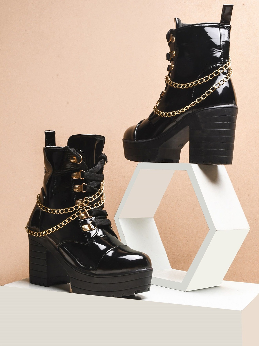 

Try Me Women High-Top Casual Block-Heeled Biker Boots, Black