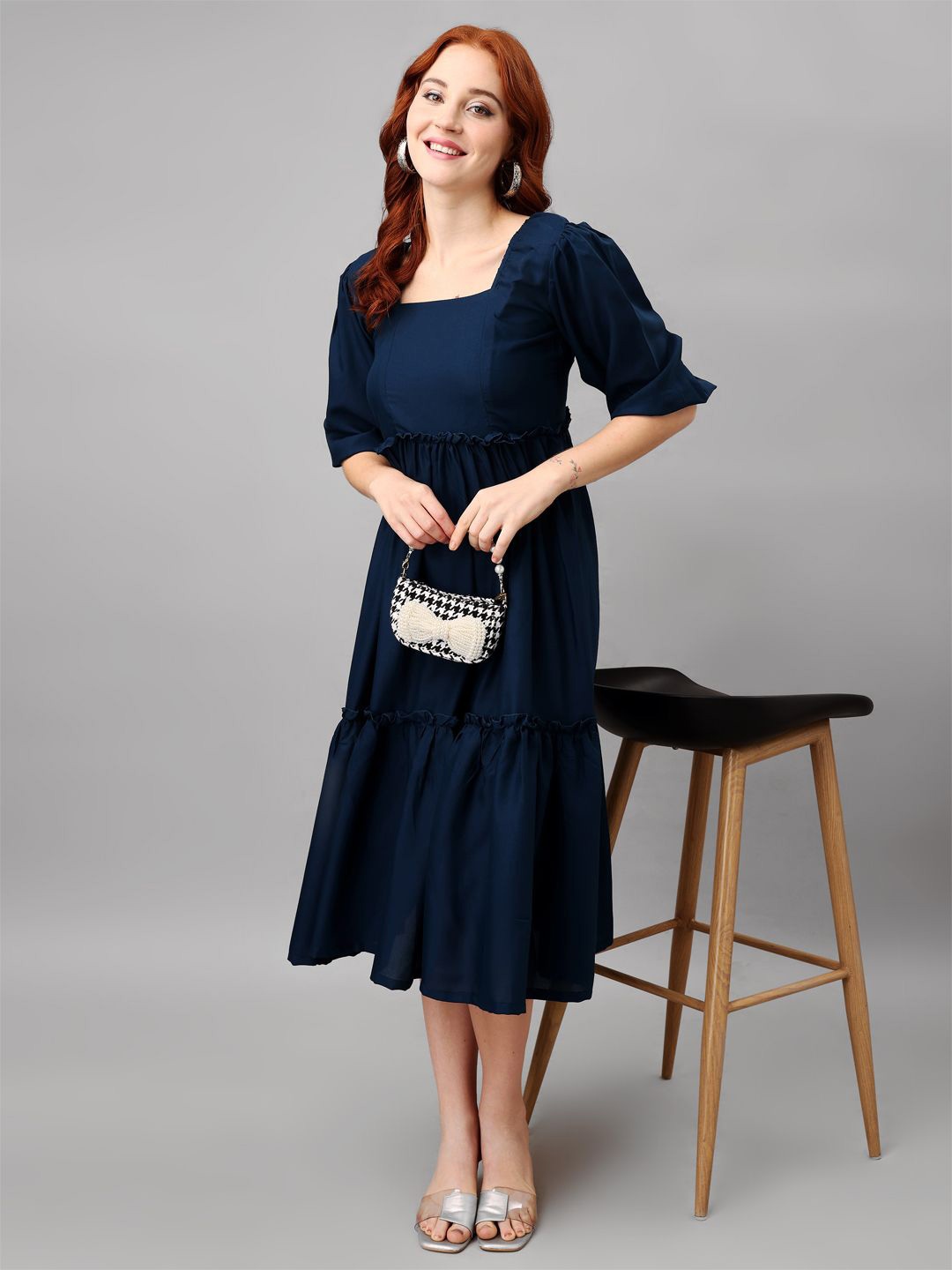 

Femvy Puff Sleeve Tiered Fit & Flare Midi Dress, Navy blue