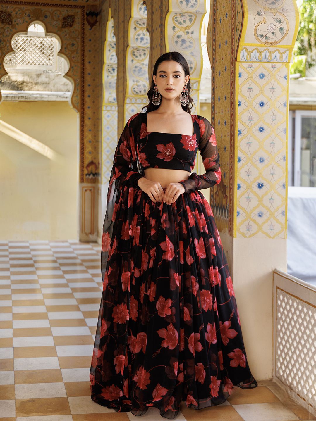 

Ragavi Printed Ready to Wear Lehenga & Blouse With Dupatta, Black