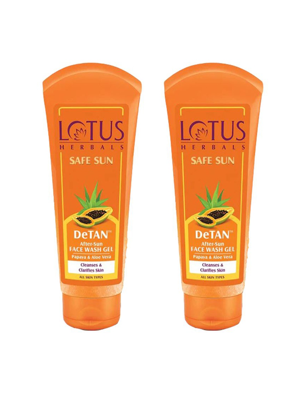 

Lotus Herbals Set Of 2 Safe Sun DeTAN Face Wash Gel With Papaya & Aloe Vera-100 Each, Orange