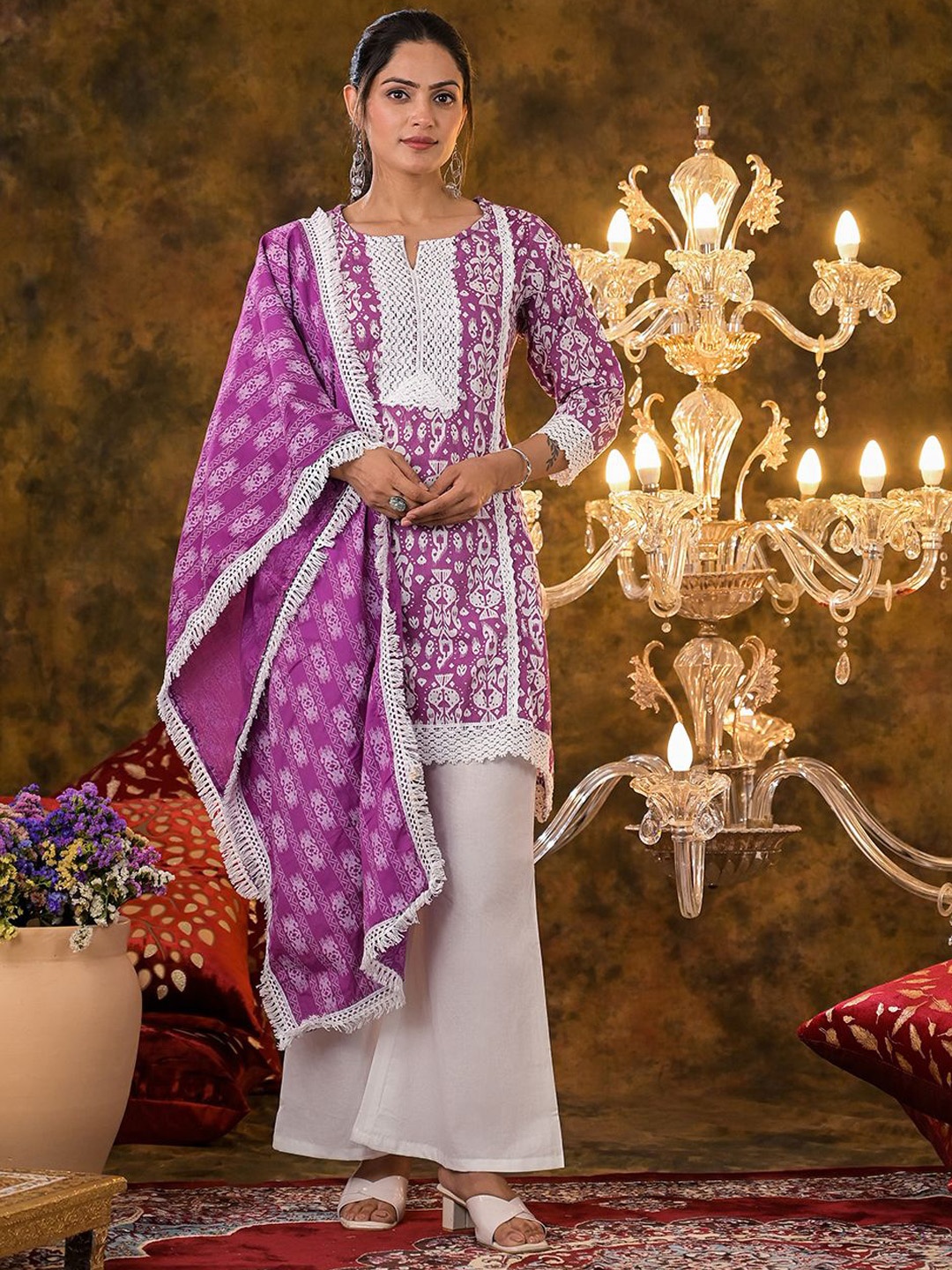 

Vastramyaa Women Paisley Printed Panelled Pure Cotton Kurta with Palazzos & With Dupatta, Purple