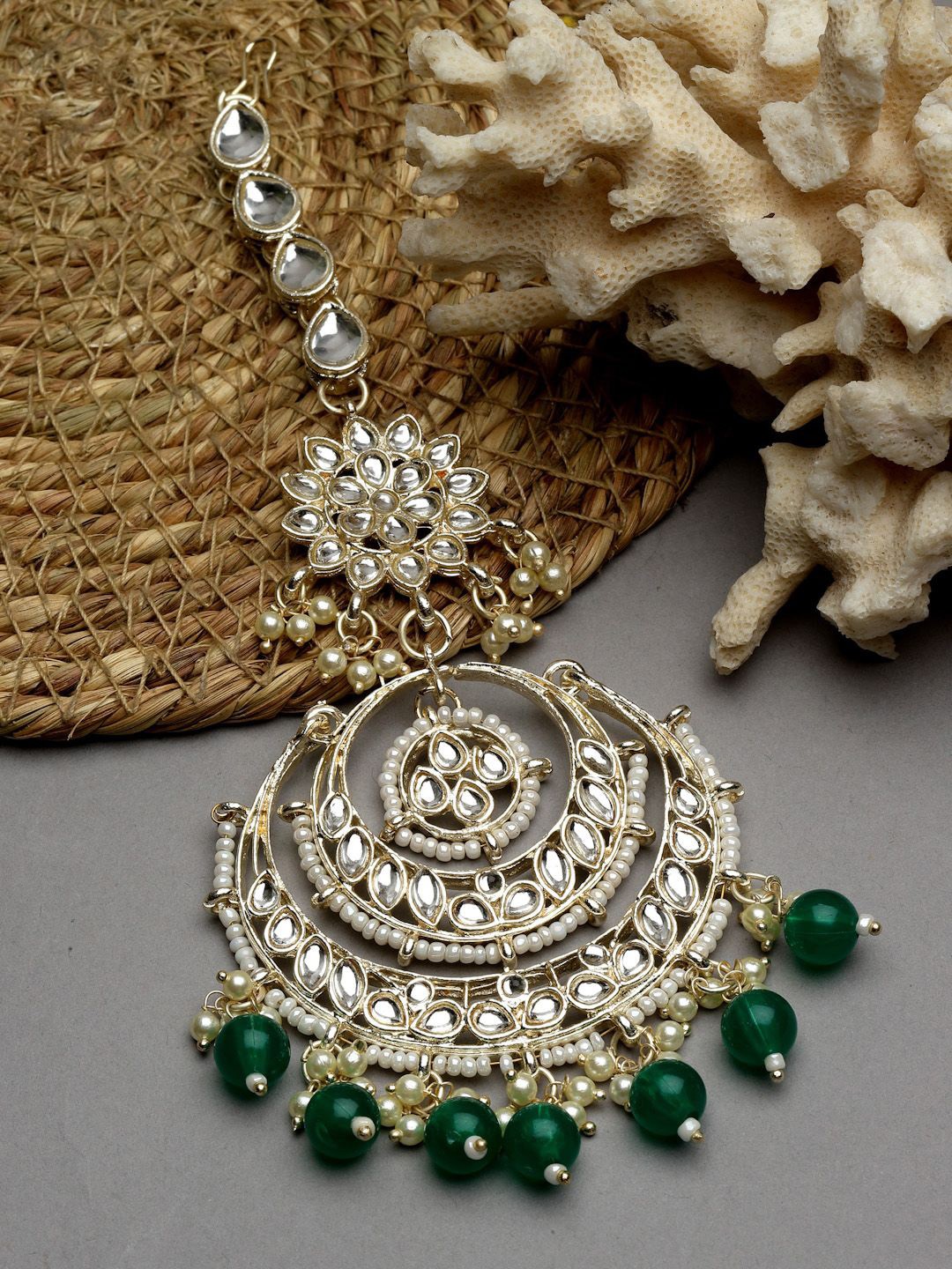 

ZENEME 18K Gold-Plated Kundan Stone Studded and Beaded Maang Tikka Head Jewellery