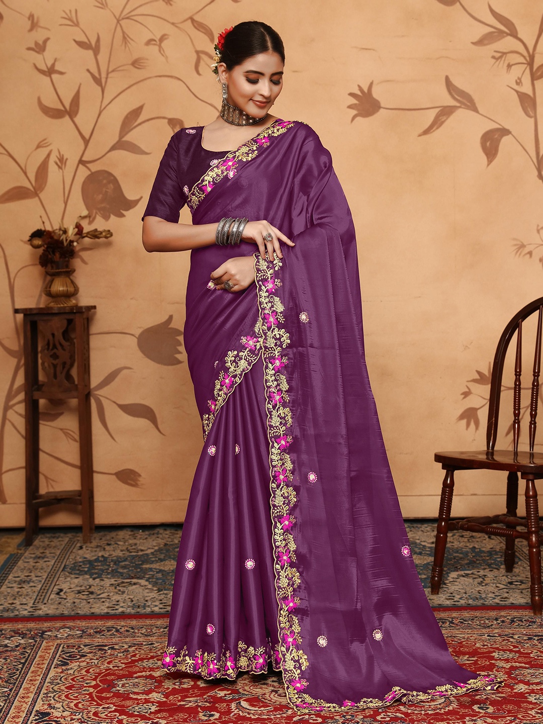 

ALAGINI Embellished Sequinned Organza Saree, Purple