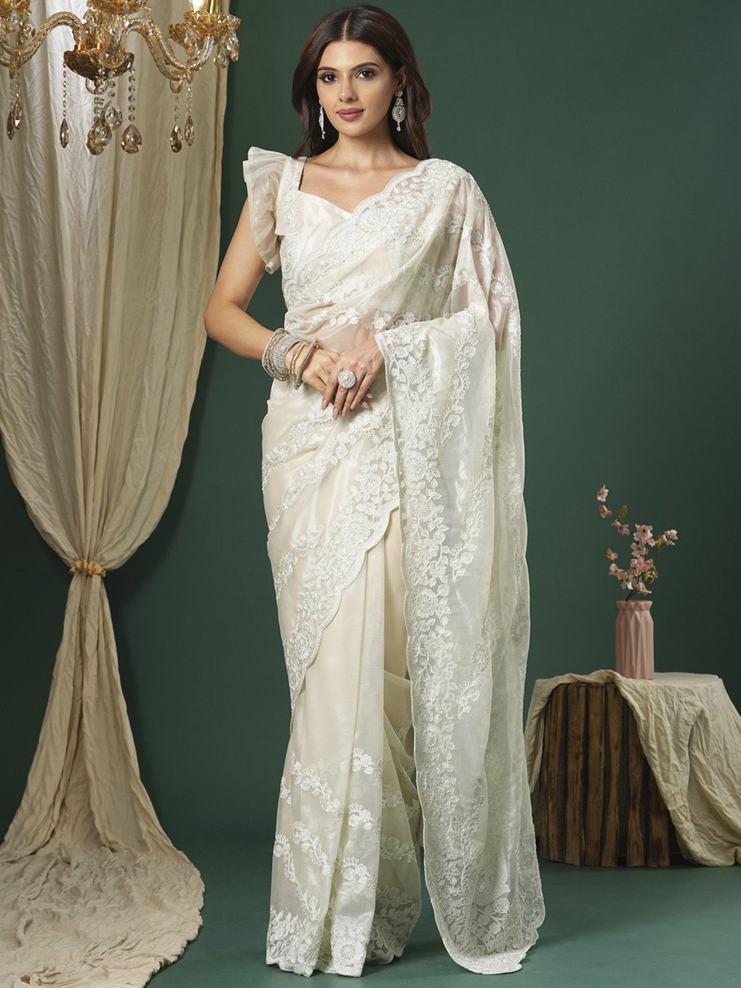 

Saree mall Embroidered Floral Organza Saree, Beige