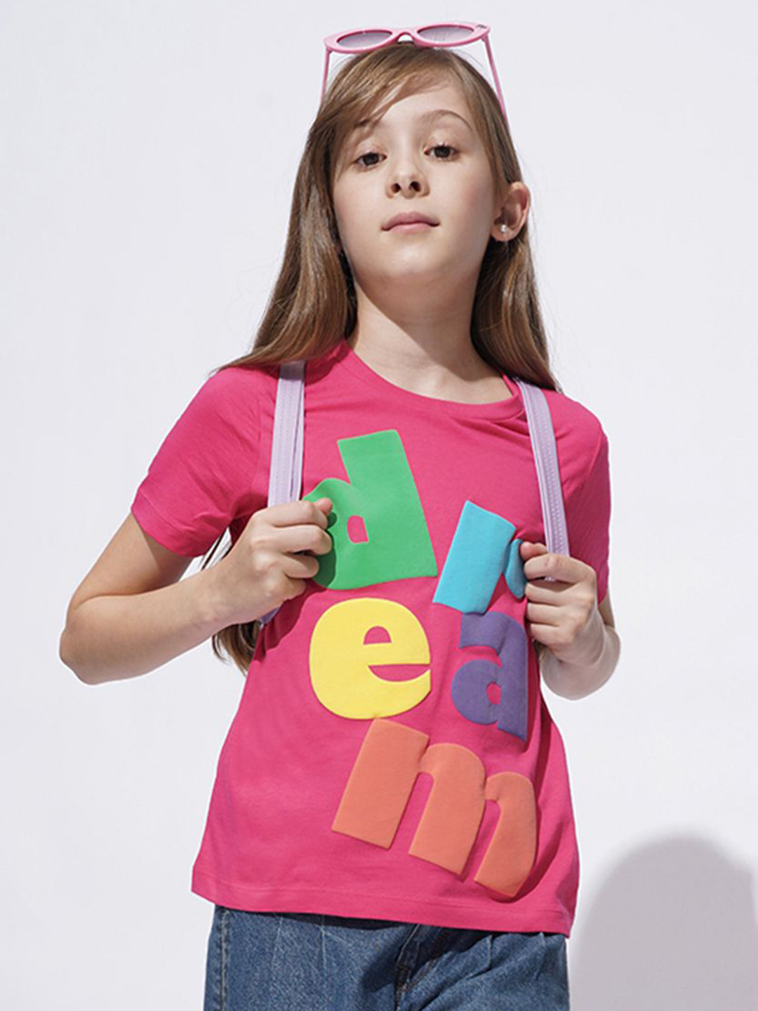 

Vero Moda Girls Typography Printed Round Neck Cotton T-Shirt, Pink
