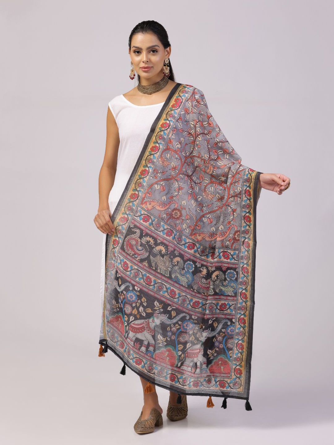 

Kaizen TEXO FAB Ethnic Motifs Printed Tasselled Dupatta, Grey