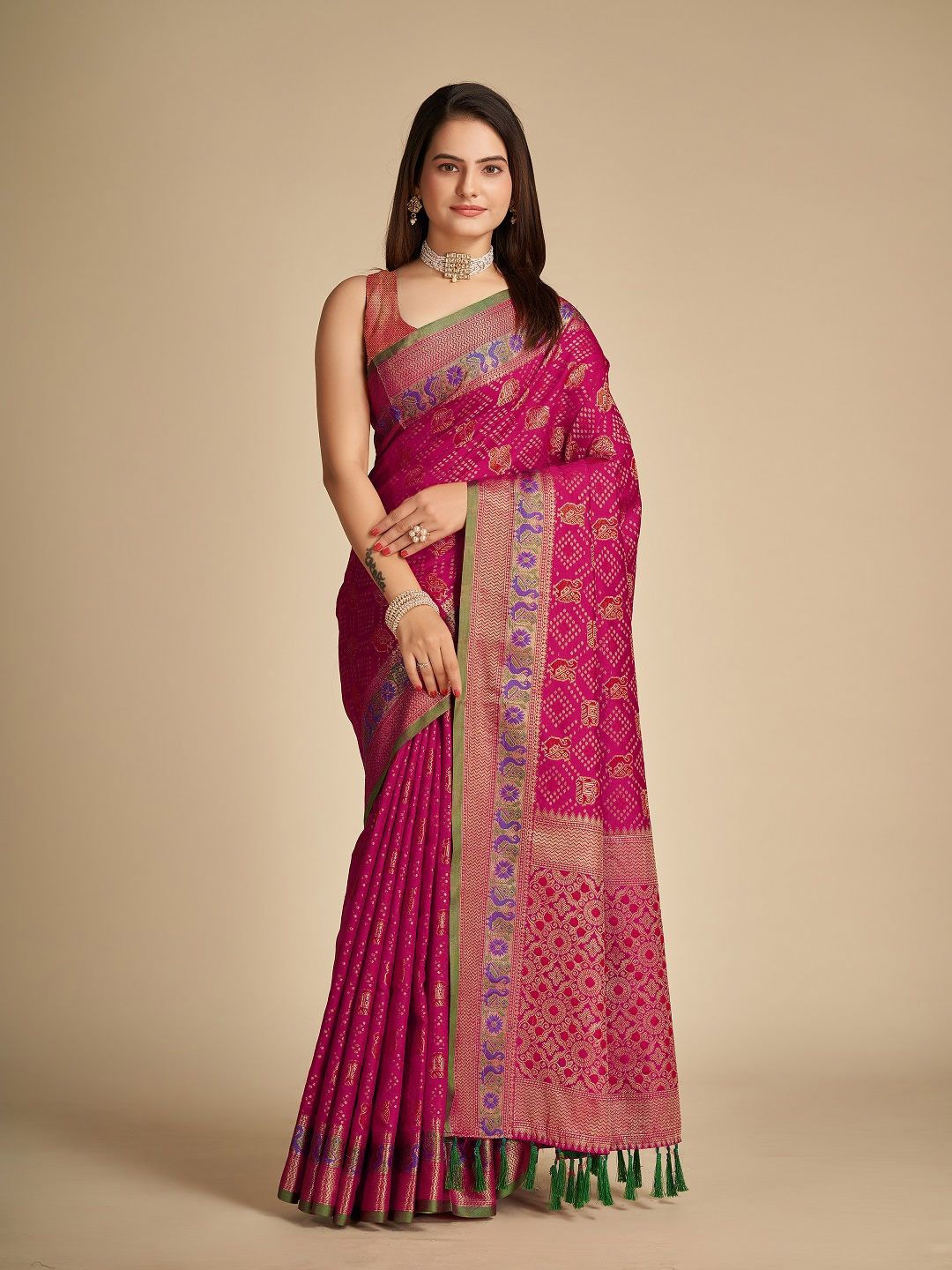 

SHOBHA SAREES Ethnic Motifs Zari Pure Silk Patola Saree, Pink