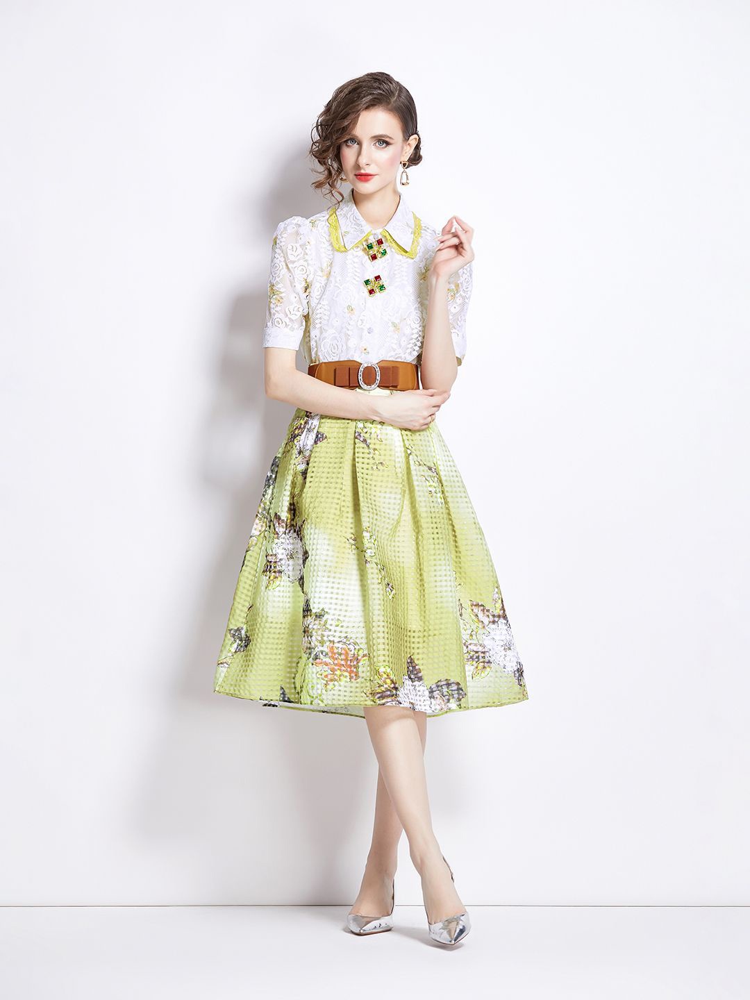 

JC Collection Women Printed Shirt with Skirt, Yellow