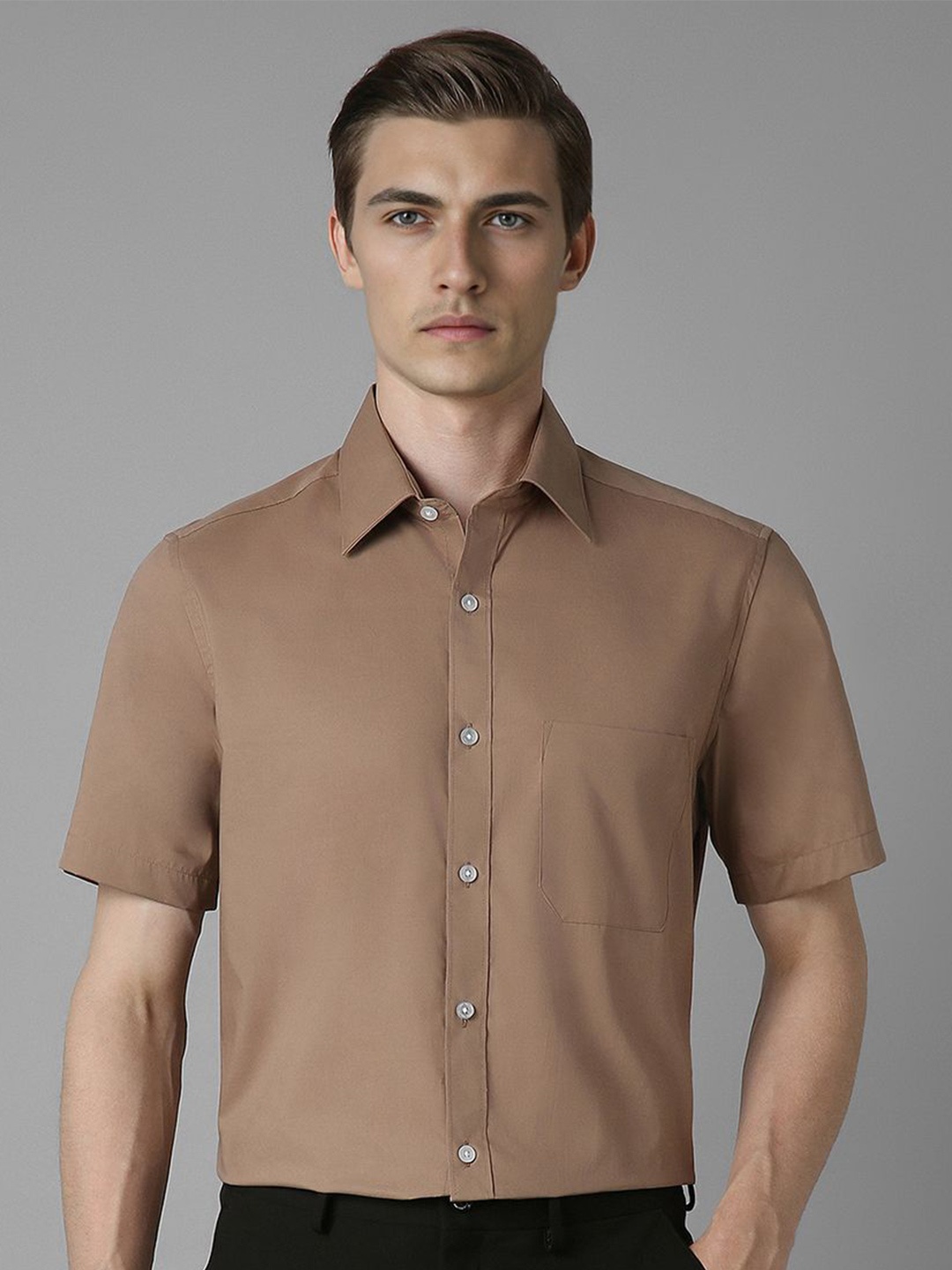 

Louis Philippe Men Classic Spread Collar Solid Cotton Formal Shirt, Brown