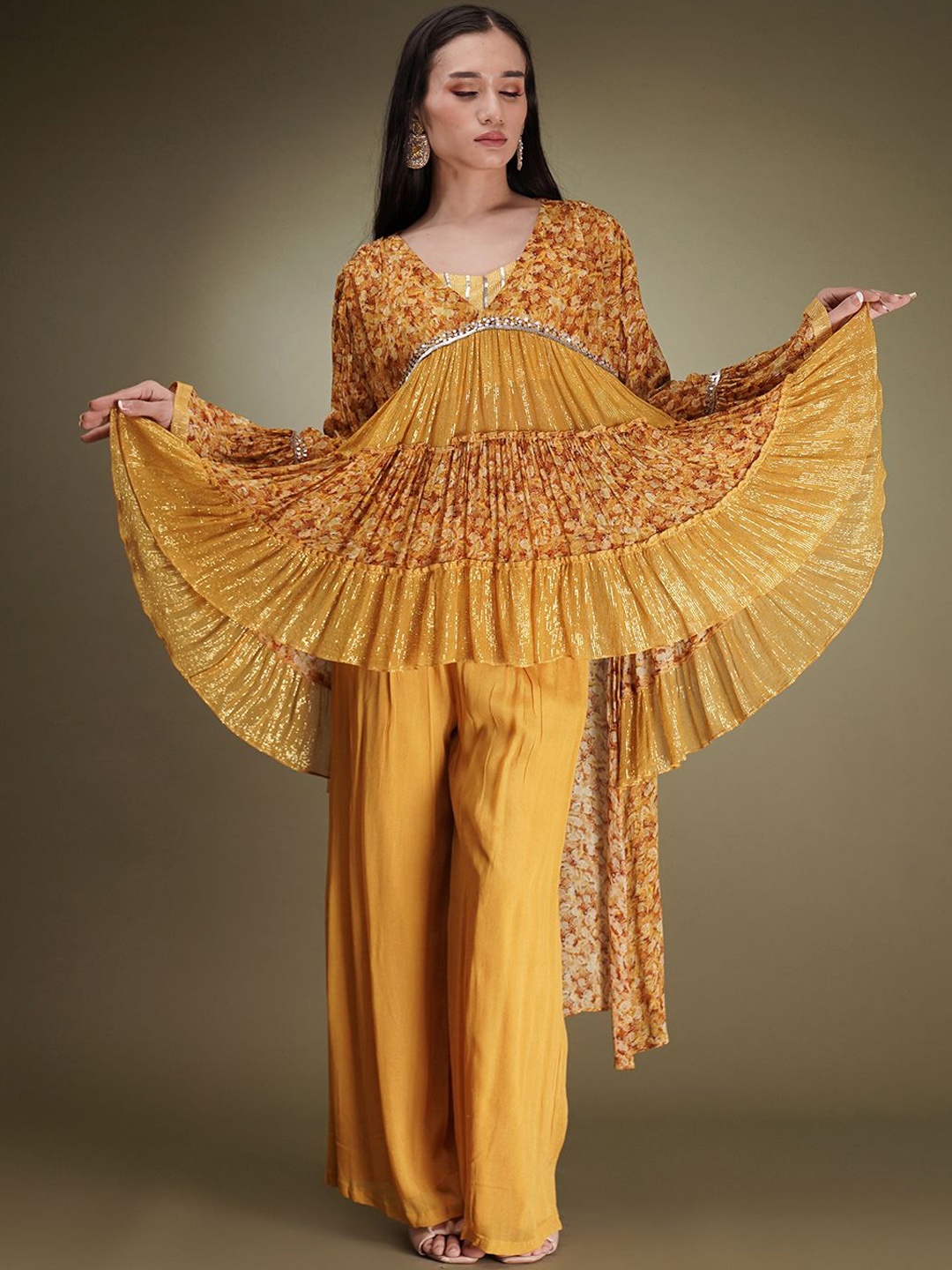 

Breathe by Aakanksha Singh Floral Printed Empire Sequinned Silk Georgette Top With Palazzo, Mustard