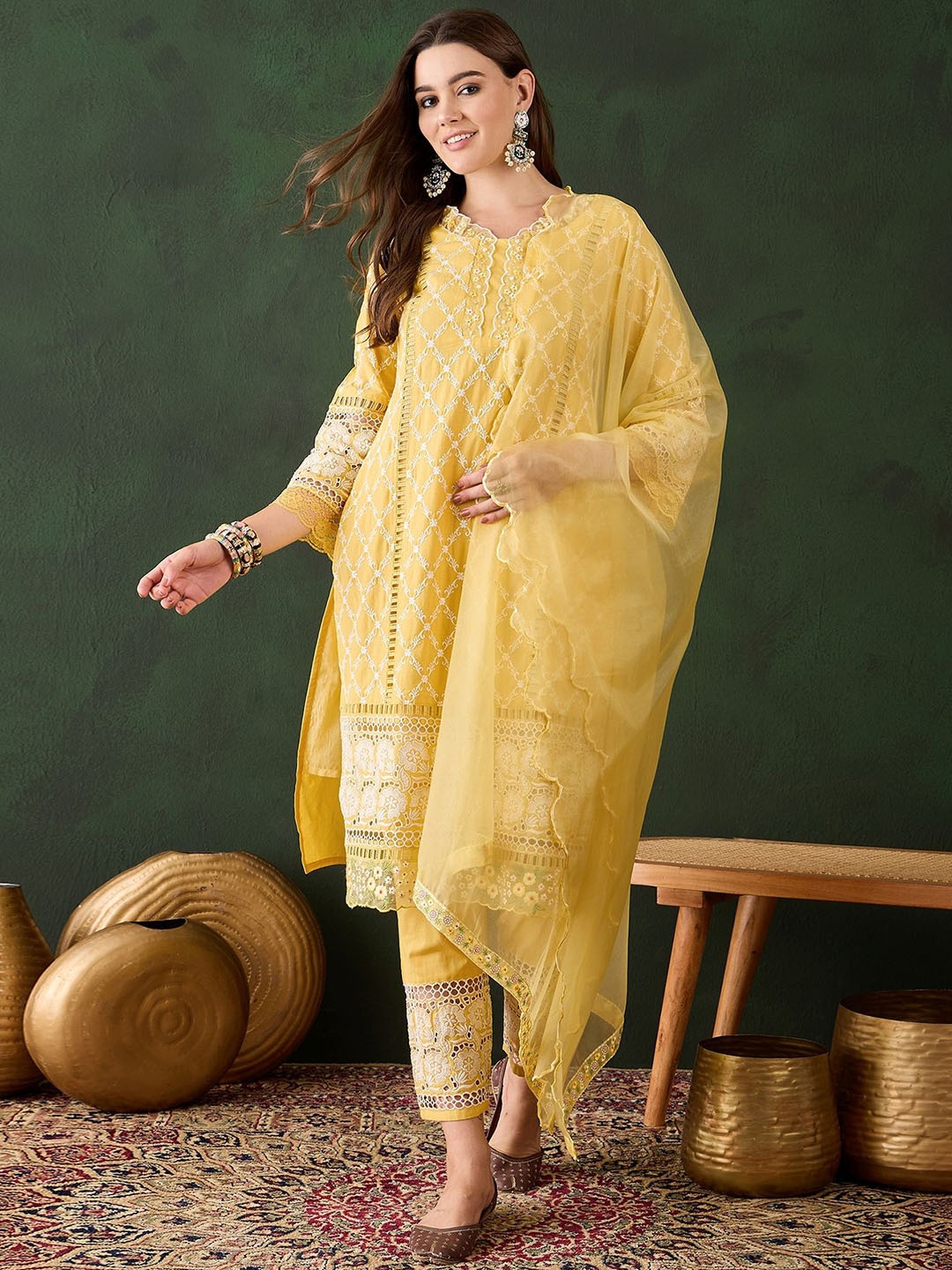 

Sangria Yellow Floral Embroidered Pure Cotton Kurta & Trousers With Dupatta