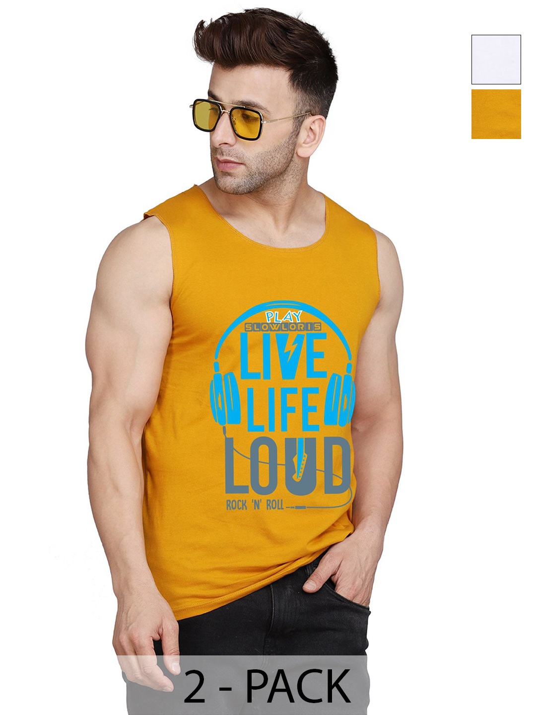 

SLOWLORIS Men Pack Of 2 Typography Printed Round Neck Cotton Slim Fit T-Shirts, Mustard