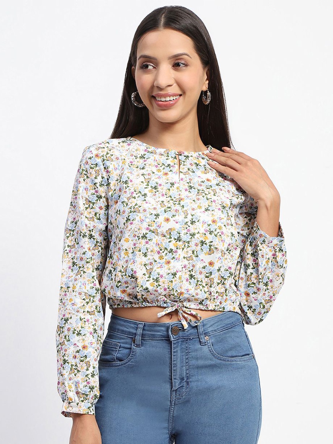 

Madame Women Floral Printed Keyhole Neck Top, White