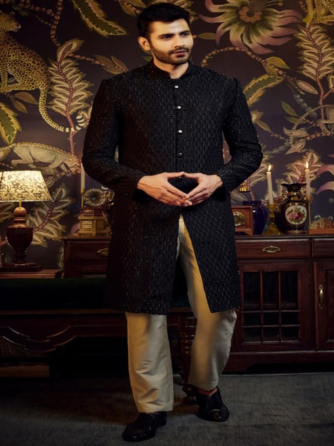 

KASBAH CLOTHING NISHCHAIY SAJDEH Floral Embroidered Sherwani Set, Black