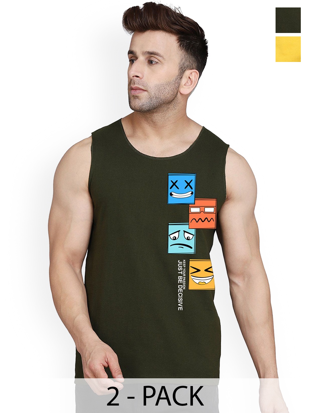 

SLOWLORIS Pack Of 2 Men Printed Innerwear Gym Vests, Yellow