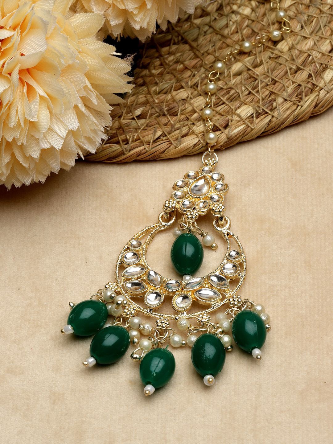 

ZENEME Gold-Plated Kundan Stone Studded and Beaded Maang Tikka Head Jewellery