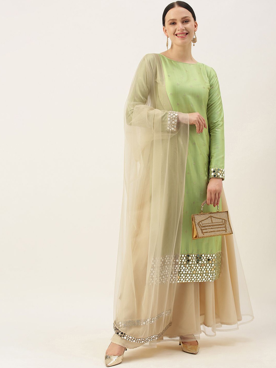 

Ethnovog Floral Printed Mirror Work Straight Kurta With Palazzos & Dupatta, Green