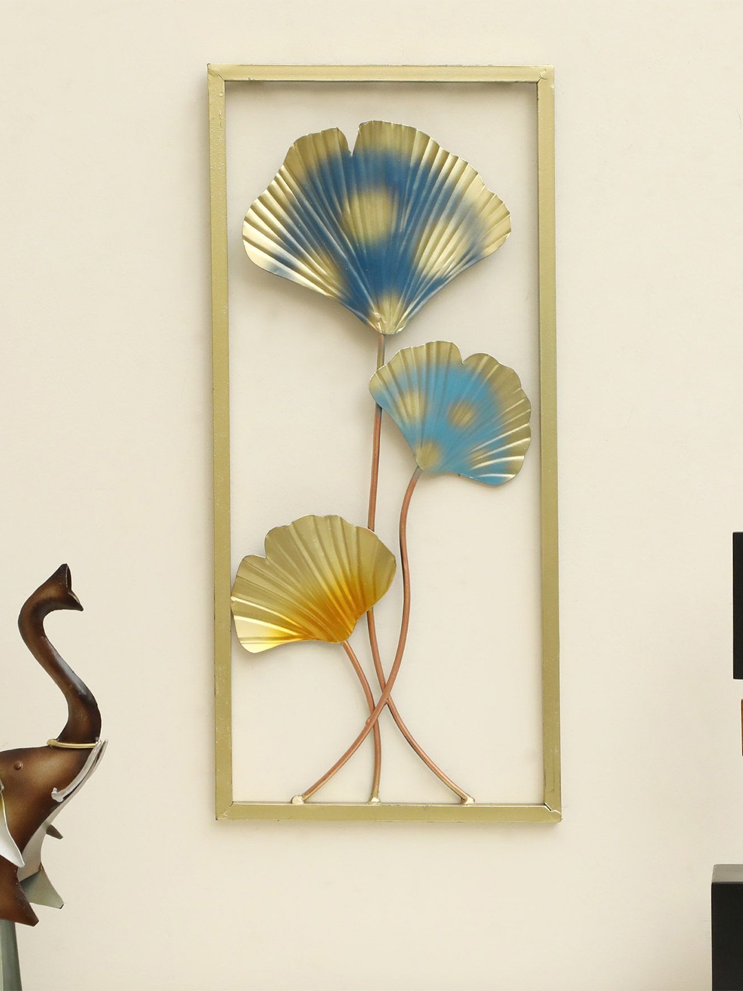 

vedas Gold toned & Blue Metal Leaf Wall Decor