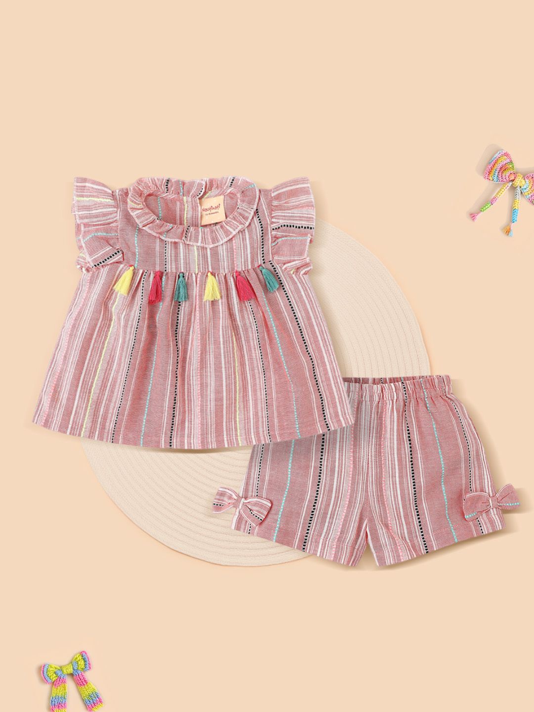 

Nauti Nati Girls Striped Pure Cotton Top with Shorts, Peach