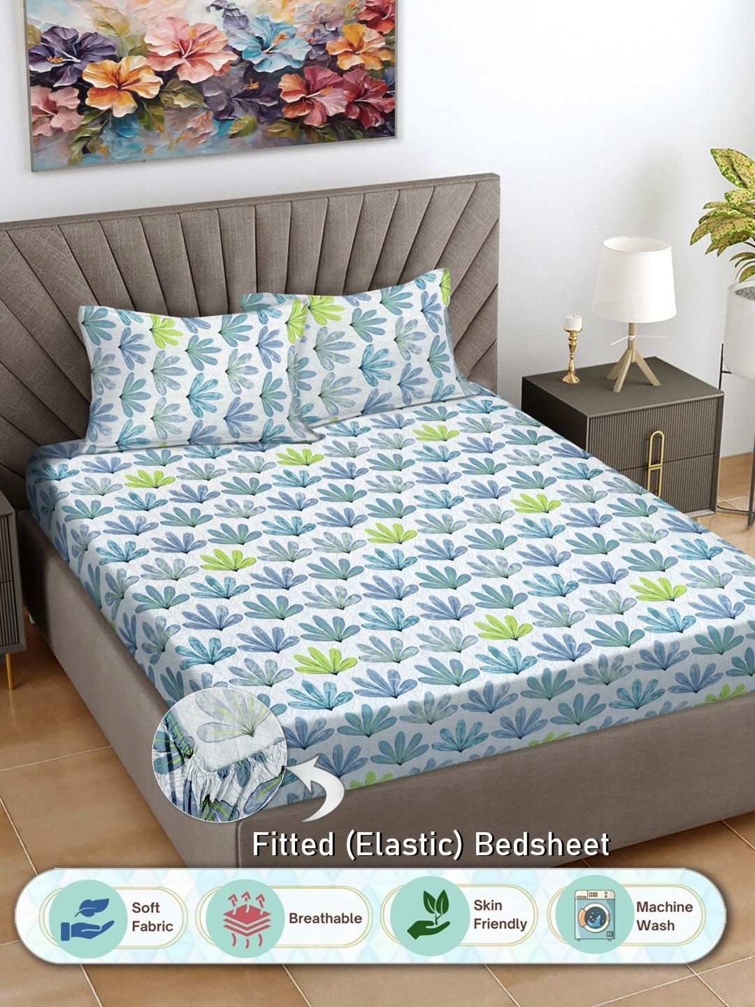 

FABINALIV White & Blue Floral Print 300 TC Fitted Super King Bedsheet & 2 Pillow Covers
