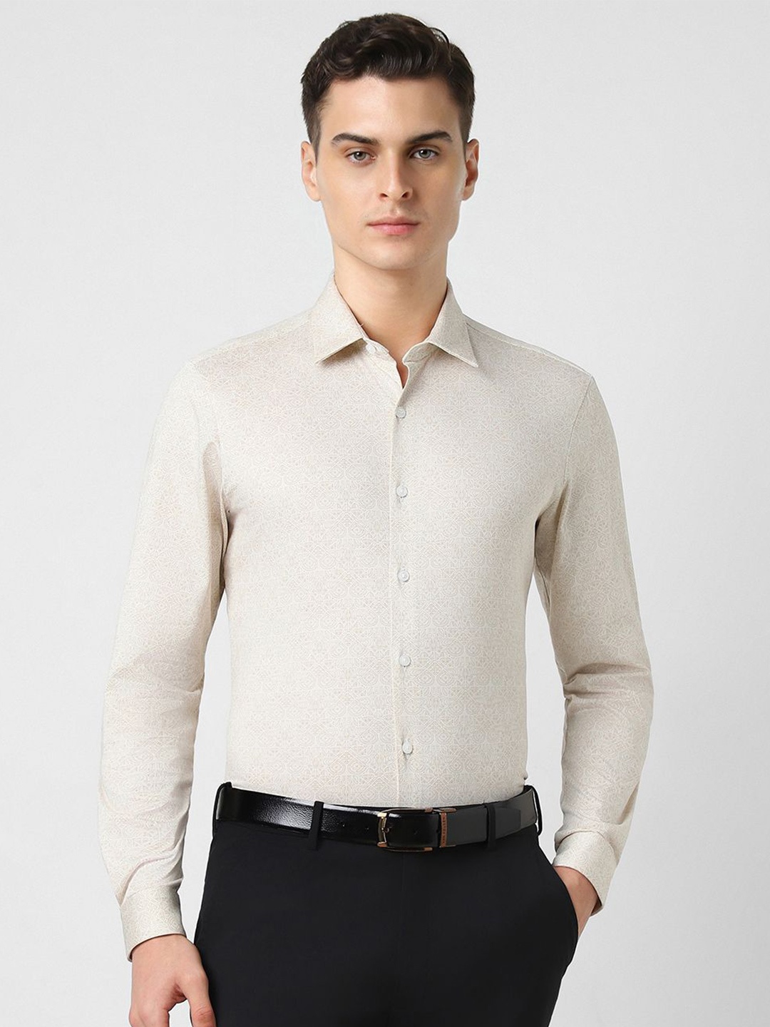 

V Dot Men Spread Collar Solid Cotton Slim Fit Party Shirt, Cream
