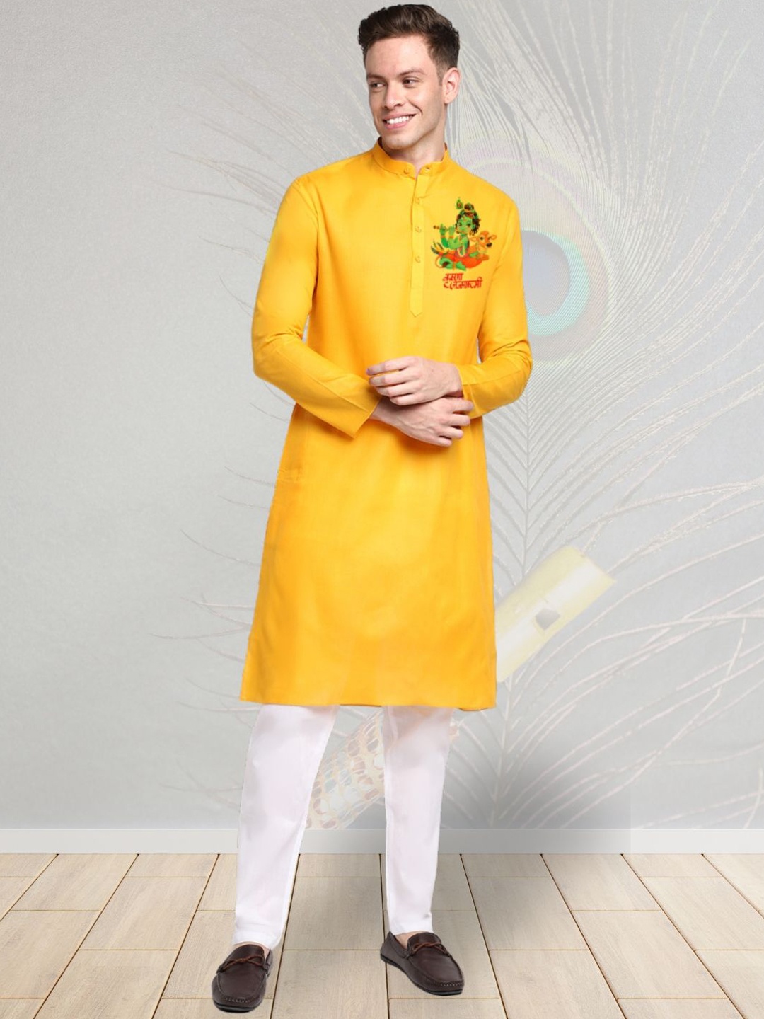 

DEVOILER Printed Band Collar Straight Kurta, Yellow