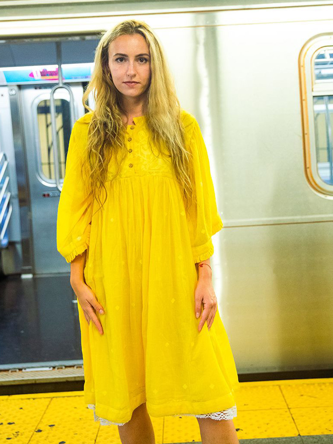

Bhomra Floral Printed Cotton Flared Sleeves A-Line Midi Dress, Yellow