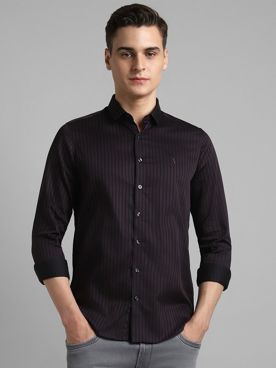 

SIMON CARTER LONDON Men Spread Collar Striped Cotton Slim Fit Casual Shirt, Purple
