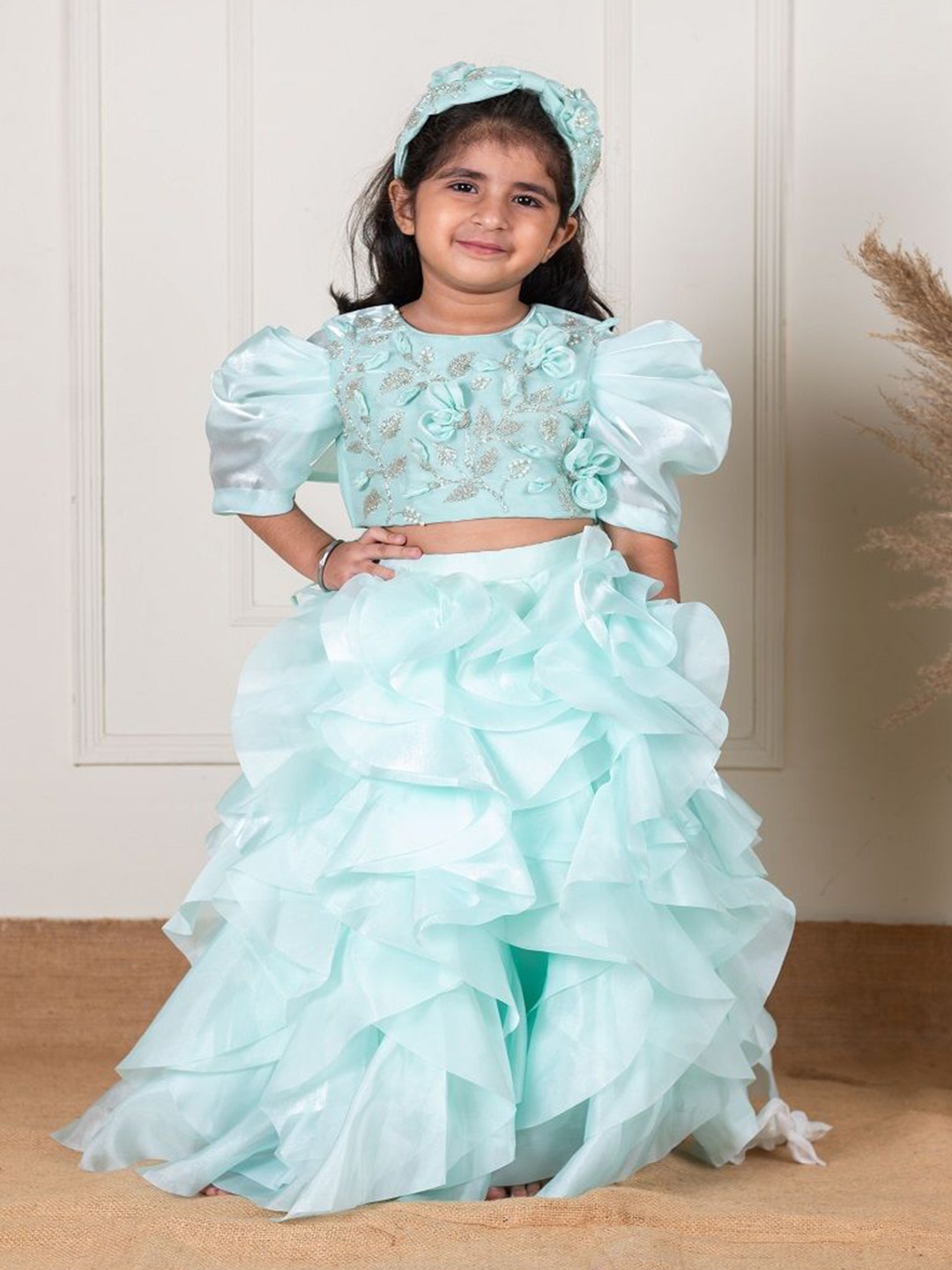 

Li'l Angels Girls Embroidered Thread Work Organza Ready to Wear Lehenga With Choli, Teal